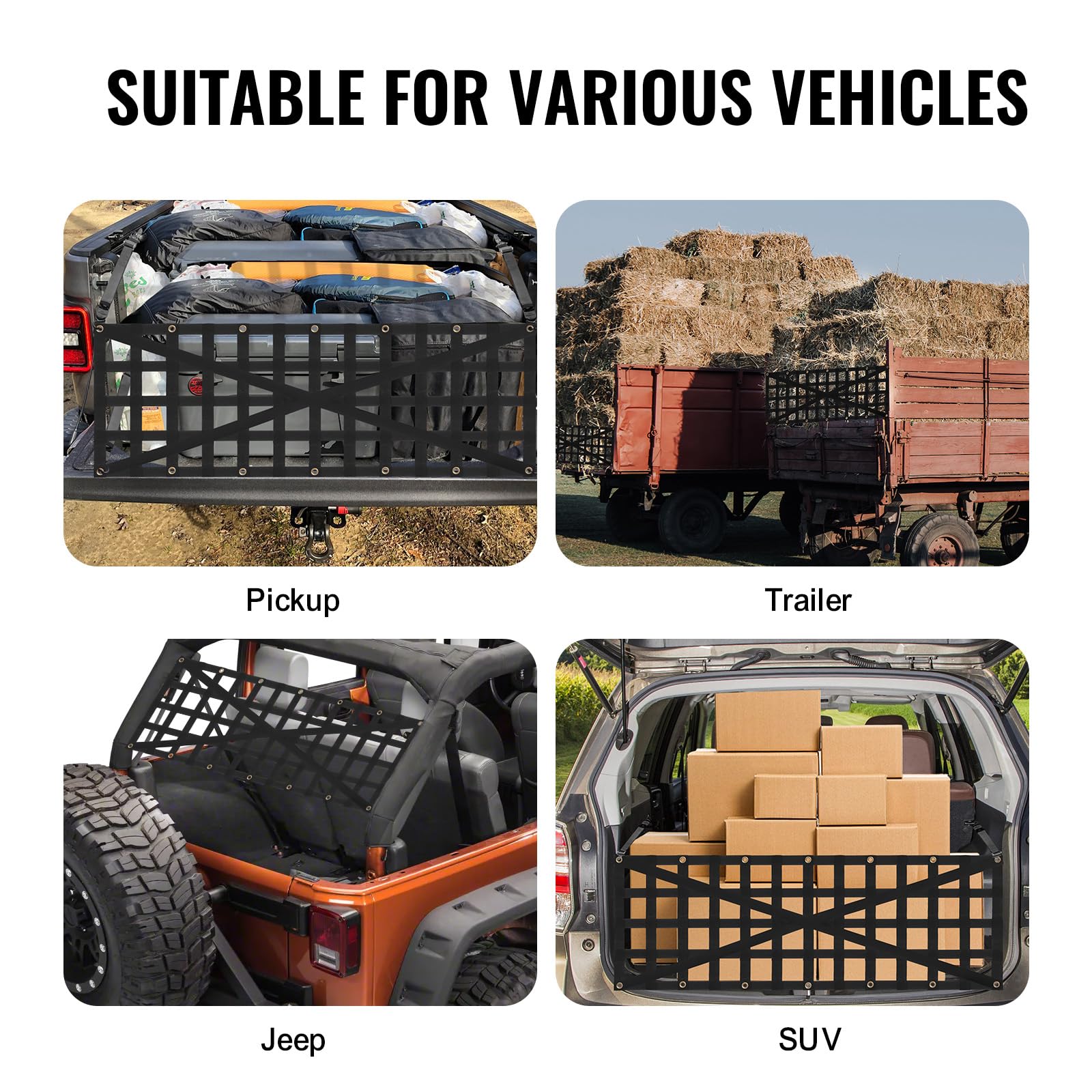 VEVOR Red para Portón Trasero 137 x 46 cm Red de Carga Resistente para Caja de Camioneta con 4 Correas Telescópicas Ajustables Diseño Reforzado Adecuada para Camionetas, Camiones, Remolques, SUV