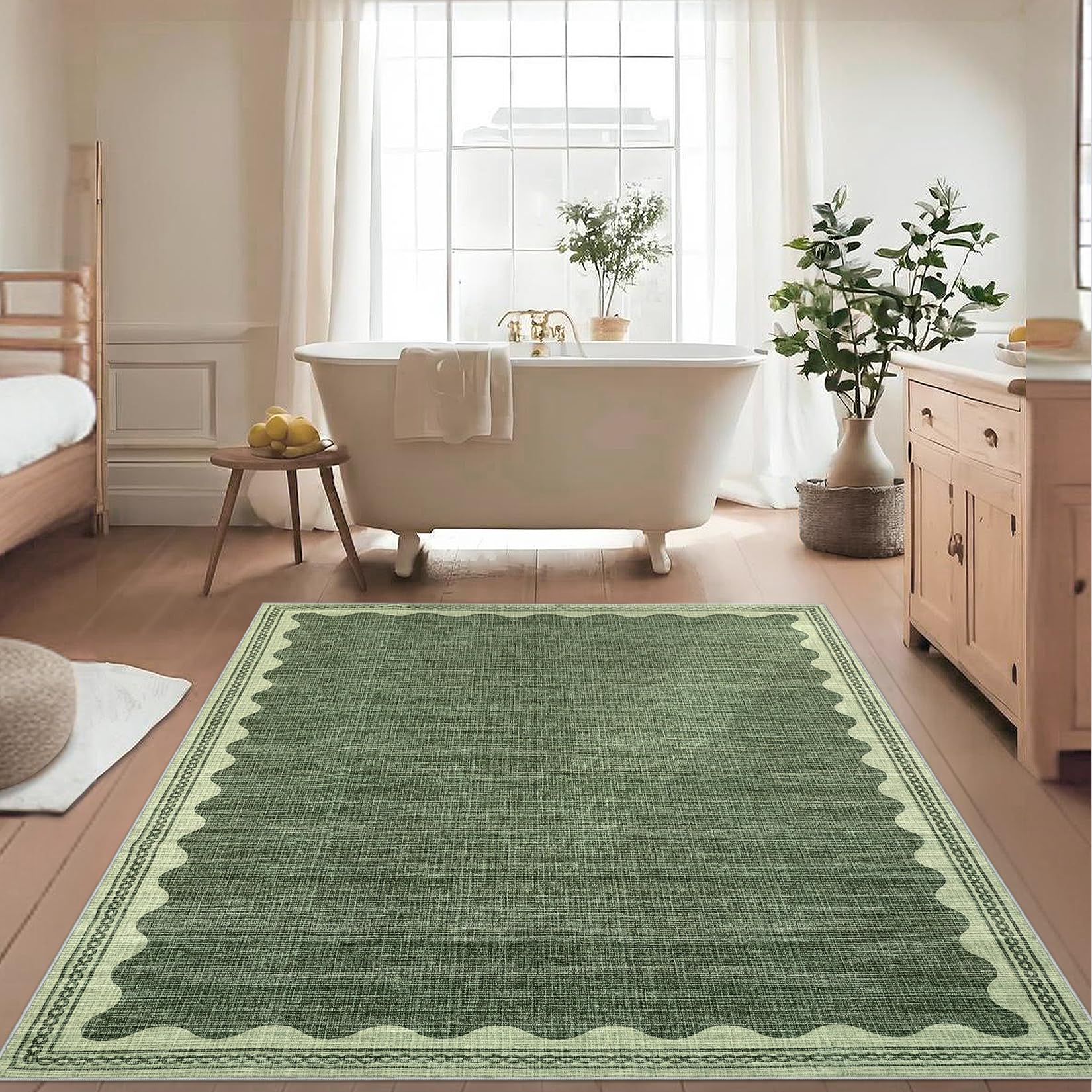 CAREMEE Scalloped Washable Rug 5x7 Area Rugs for Living Room, Solid Green Rug for Bedroom Girls, Non Slip Scalloped Throw Mat with Rubber Back, Soft