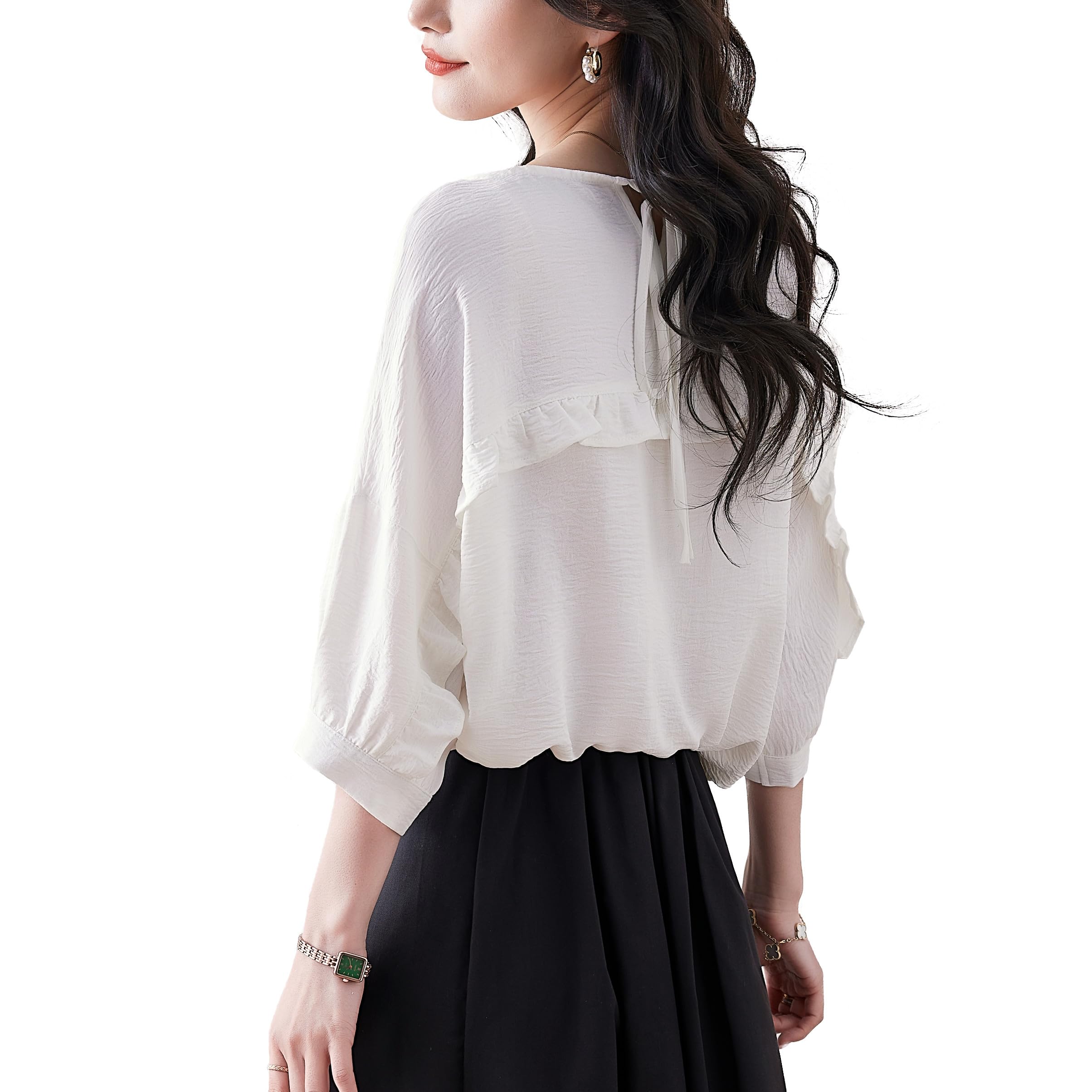 Bolan Verl 3/4 Sleeve Cut & Sewn Blouse, Loose Fit, White, Black, Ribbon, Ruffle, Dolman Sleeve, Women's Shirt, Beautiful, Body Cover, Adult, Cute, Office, Casual, Work, Commute