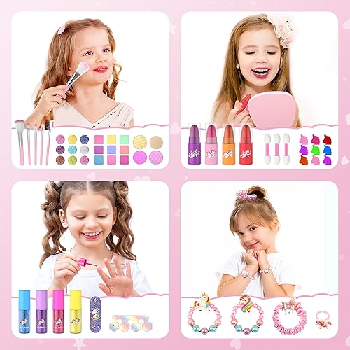Miniatura 4 de PERRYHOME Juego de maquillaje para niños para niñas, 63 piezas, lavable, no tóxico, kit de maquillaje cosmético real, princesa unicornio, juguetes