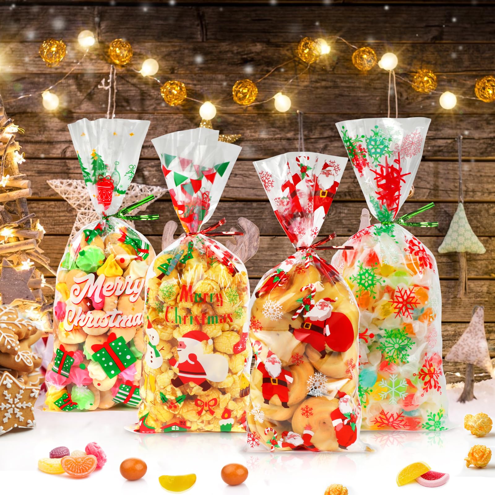 100 Pezzi Sacchetti per Biscotti Caramelle di Natale, Sacchetti Trasparenti Richiudibili con Legami di Torsione per Bambini Regali Decorazioni di Natalizi