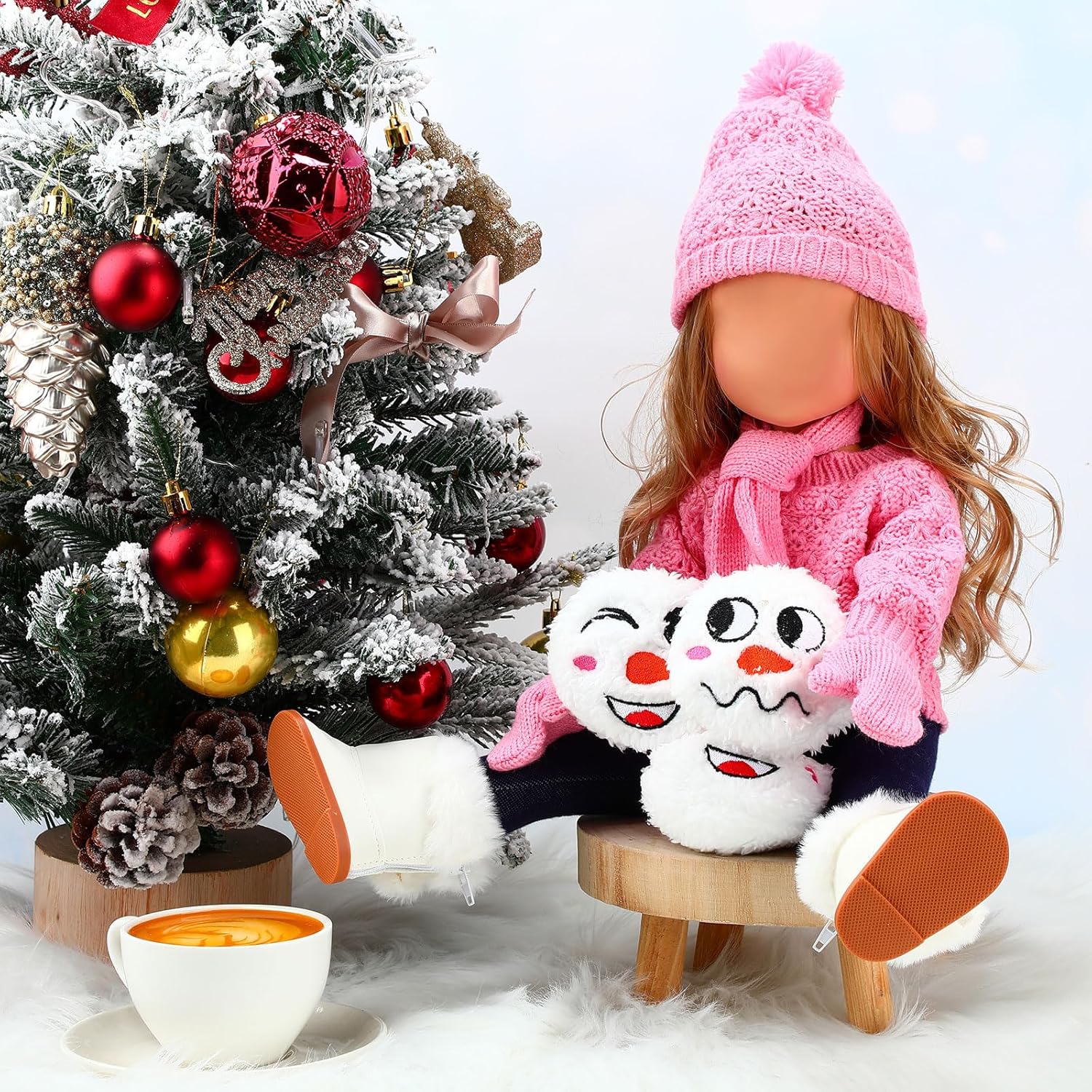 Gemscream 2 Set Christmas 18 Inch Doll Clothes Set for Girls Winter Cute Doll Outfits and Accessories Kit Include Sweater Pants Shoes Hat Gloves Scarf(Pink and Light Pink)