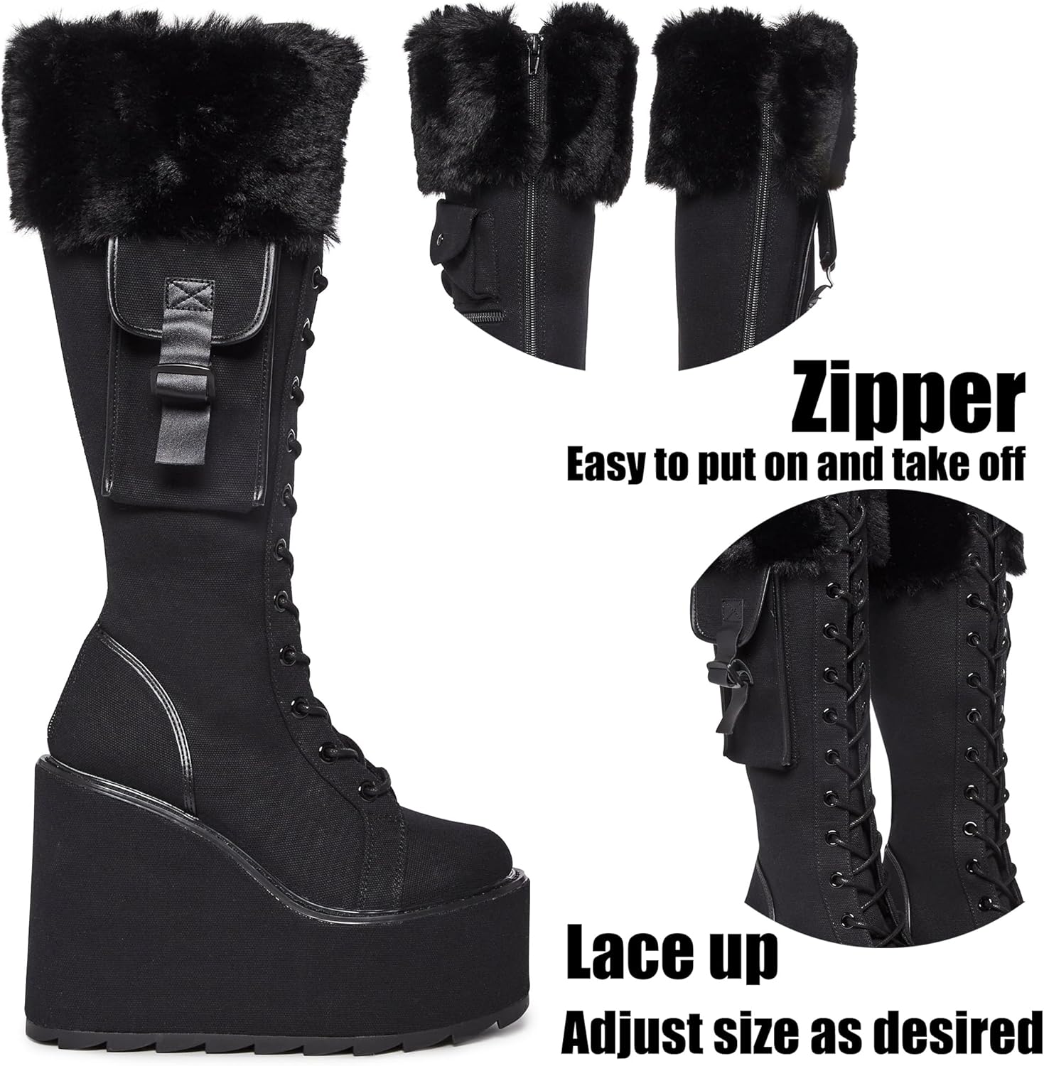 AMINUGAL Knee High Boots Women Round Toe Black Platform Combat Boots Womens Lace Up Wedge Boots Chunky Block Heel Punk Goth Wide Calf Boots Gothic Motorcycle Booties for Women