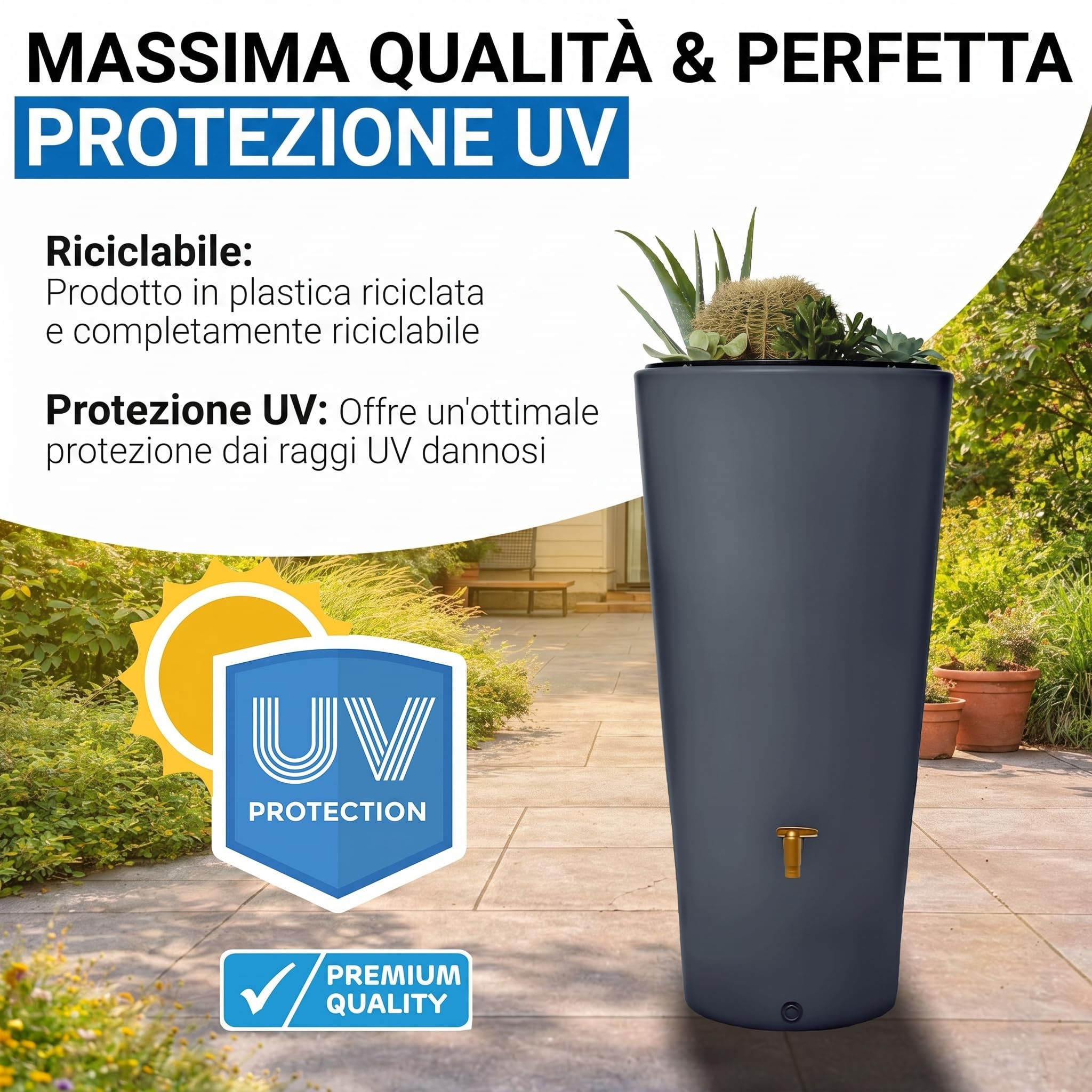 4rain VASO 2in1 serbatoio per pioggia 220 litri grigio grafite incl. rubinetto in plastica e raccordo pluviale - raccolta acqua piovana da giardino - serbatoio acqua con rubinetto - profilo slanciato