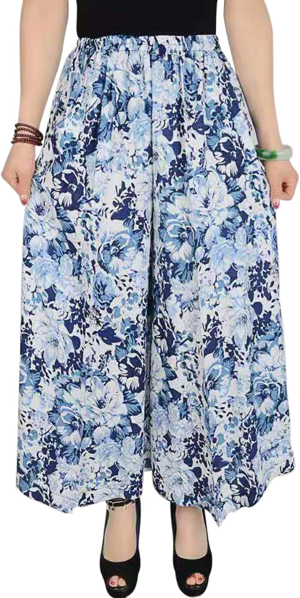Womens Comfy Elastic Waist Cotton&Linen Floral Culottes Wide Leg Pants Color 40 Size L