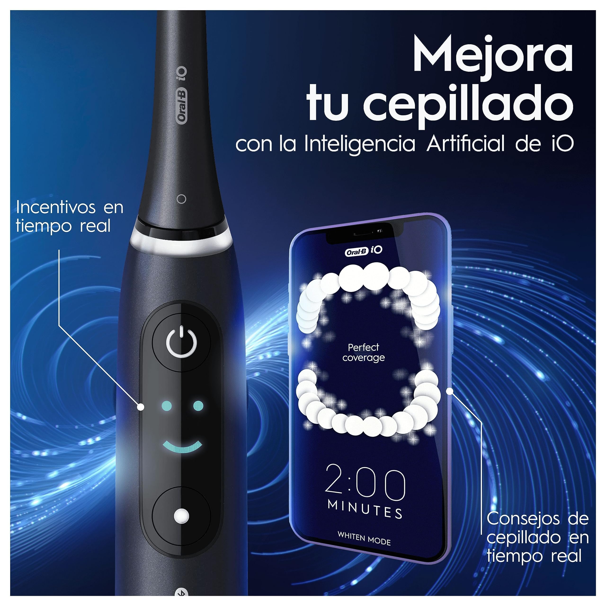 Oral-B iO 8N Cepillo de Dientes Eléctrico con Mango Recargable, 3 Cabezales y Estuche de Viaje, Diseñado por Braun, Regalos Originales para Mujer y Hombre - Negro