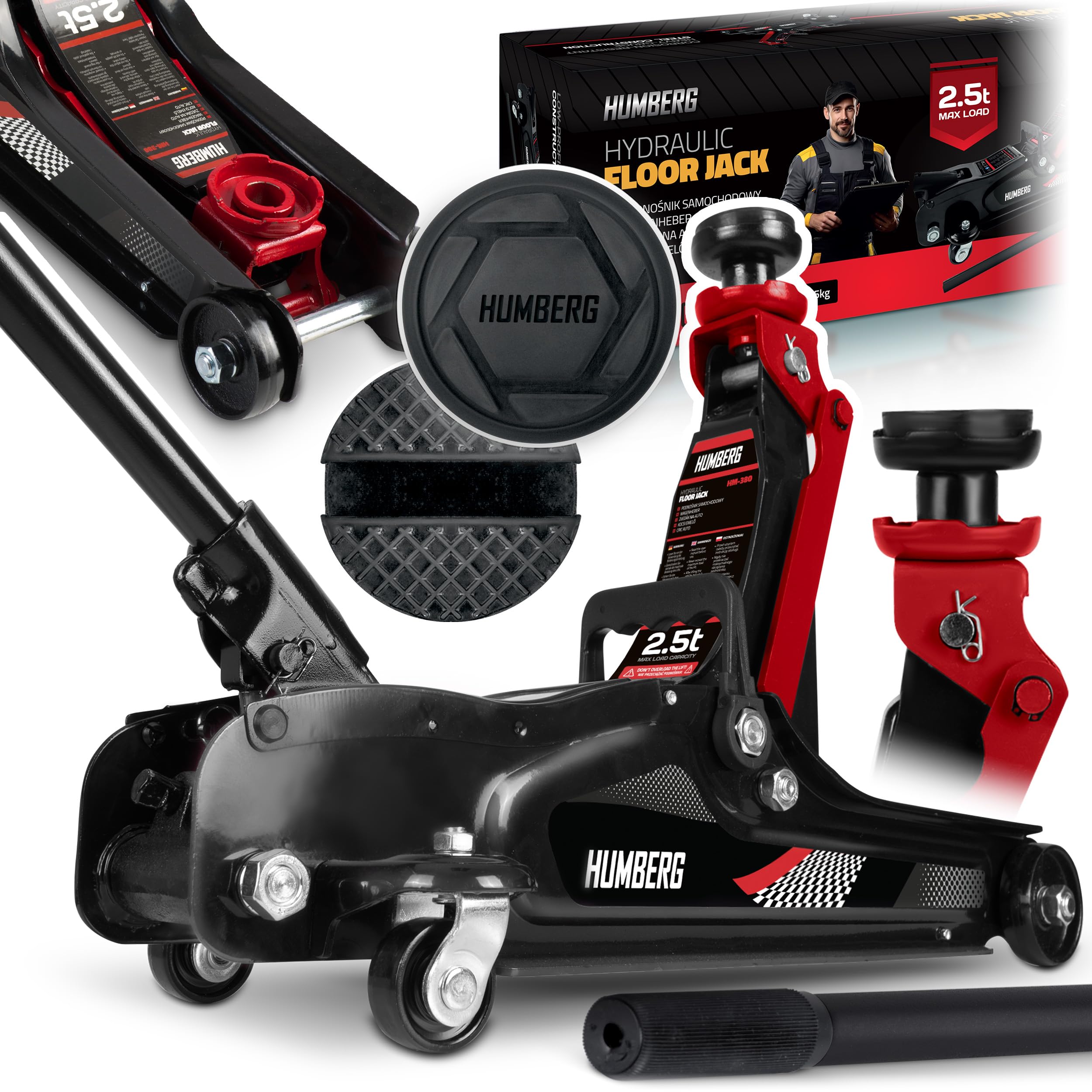 Humberg Cric idraulico per auto, a basso profilo, 2,​5T, 80-​360 mm, 2 cuscinetti in gomma, colore nero, rosso