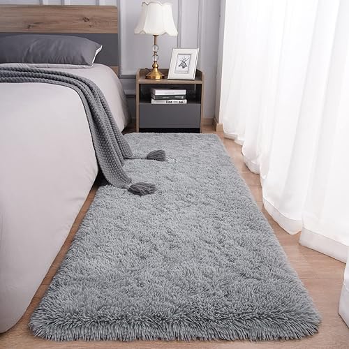 Rugs for Bedroom Long Plush 2x6 Feet Runner Rug for Living Room Ultra Soft Shaggy Carpet for Christmas Home Decor Fluffy Mat Faux Fur Rug for Bedside Nursery Kids Room College Drom, Grey