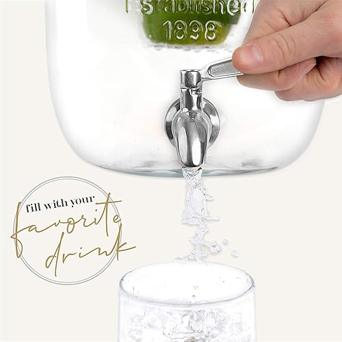 Miniatura 4 de Dispensador de bebidas de vidrio de 2 galones con infusores de hielo y frutas, grifo de acero inoxidable, etiqueta de pizarra y tapa de metal,