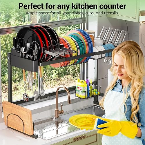 Miniatura 6 de Estantería de acero inoxidable para fregadero, escurridor para encima del fregadero (negro, tamaño ajustable)