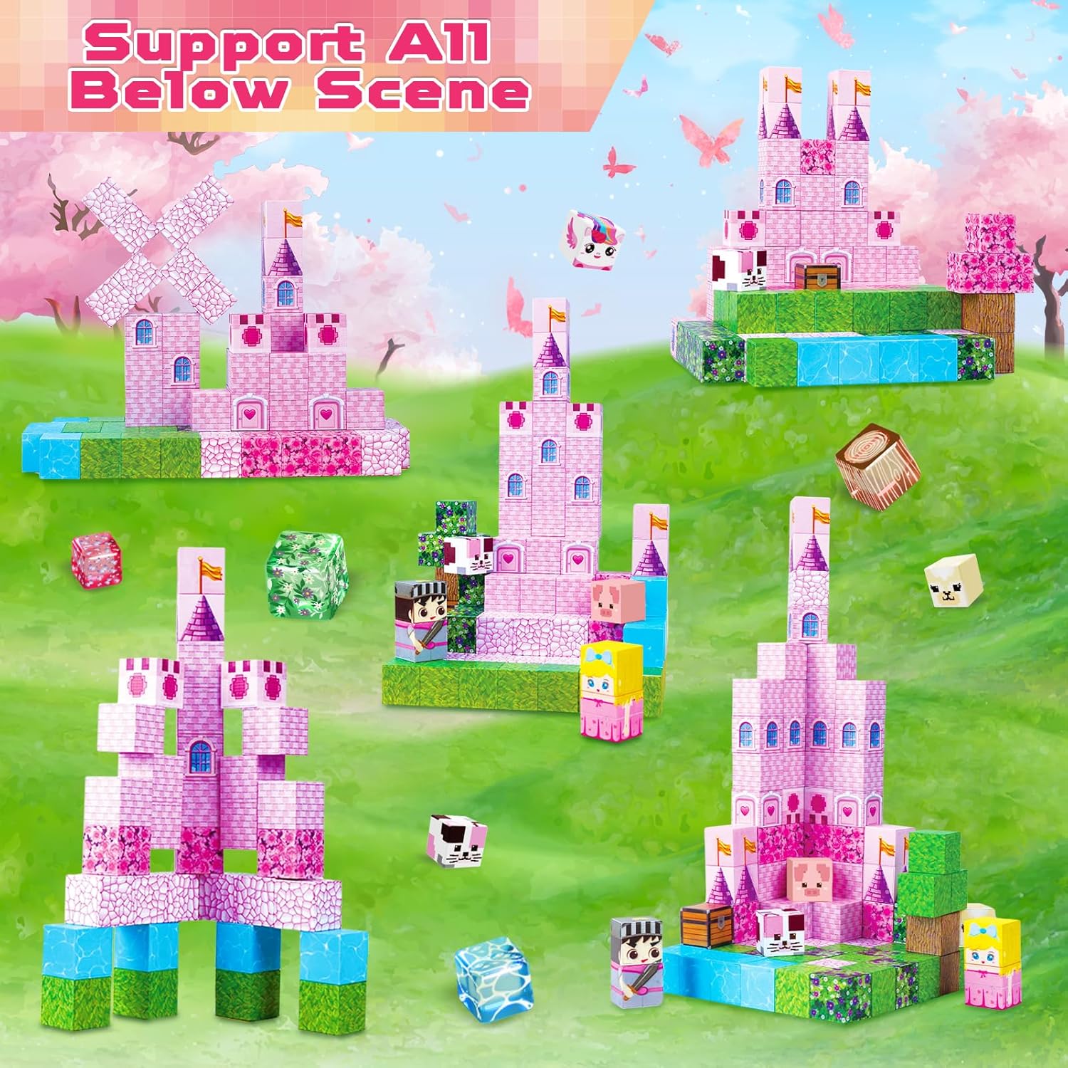 250 PCS Magnetic Blocks - Pink Castle & Portal Magnetic Blocks Bundle Set