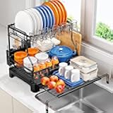 TOOLF Extendable Dish Drying Rack, 2-Tier Dish Rack for Kitchen Counter, Large Expandable Dish Drainer Over Sink, 3 in 1 Multifunction Dish Strainer with Drainboard & Cups Holder, Black