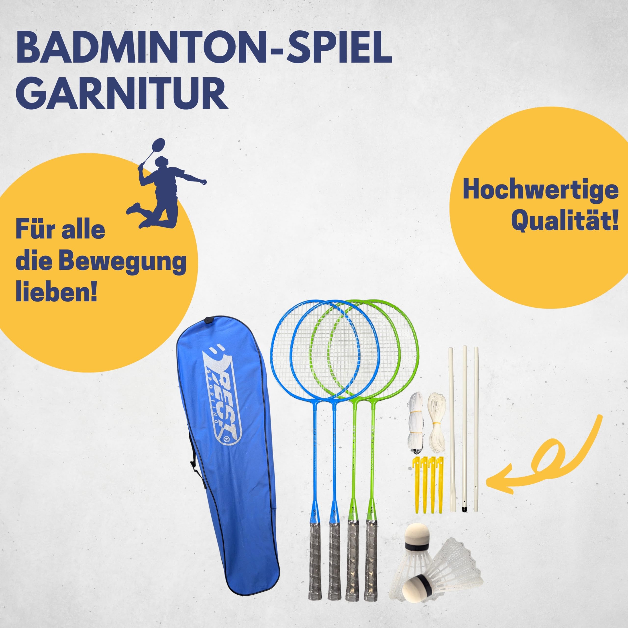 BEST SPORTING Federball Set Erwachsene und Kinder I Badminton Set bestehend aus Netz, 4 Schlägern, 2 Badmintonbällen und Tasche I Federball Set Kinder I Badminton Netz und Schläger für den Garten