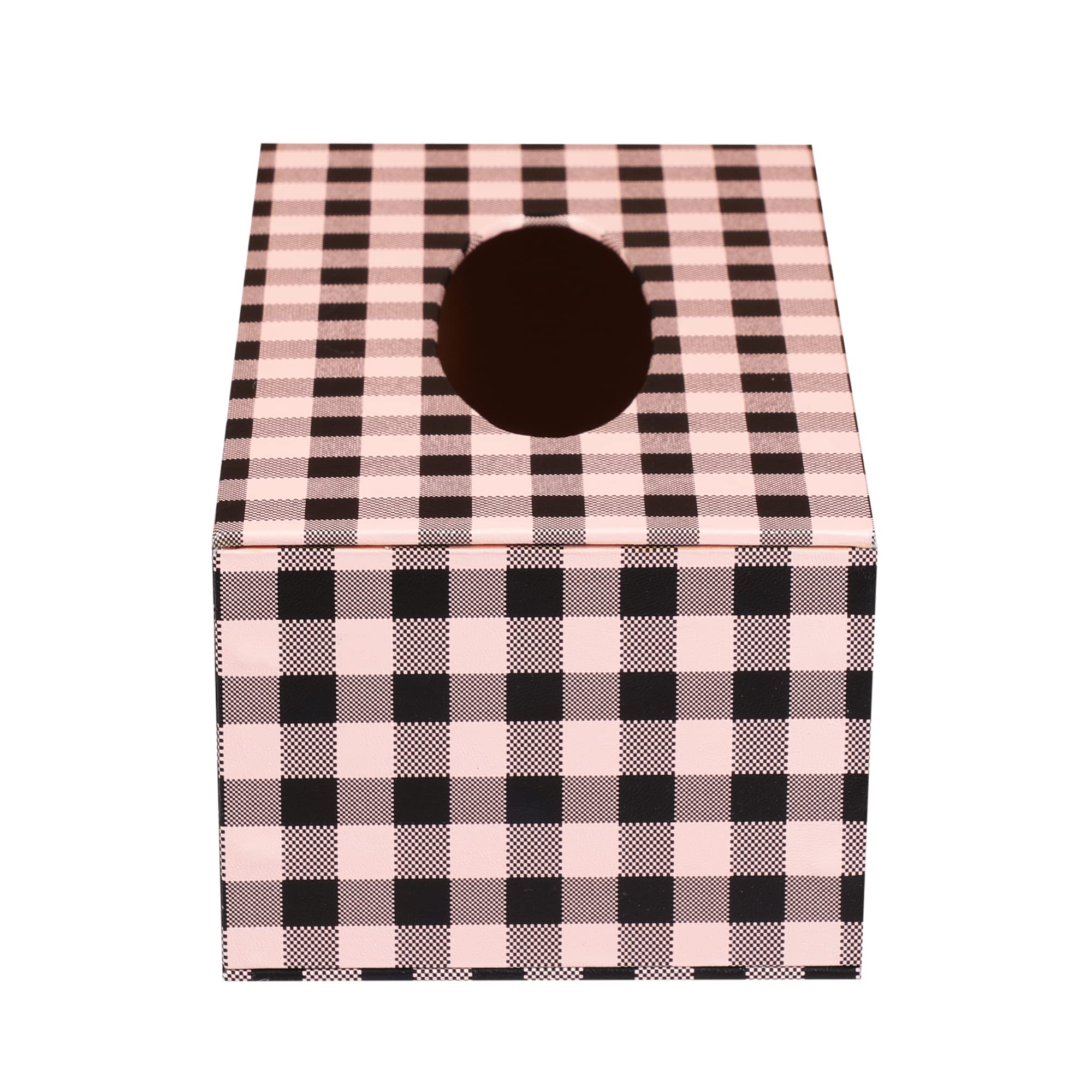 Anything & Everything Faux Leather Tissue Box Holder, Napkin Holder Box for Home and Car (Check) Black & Pink 2
