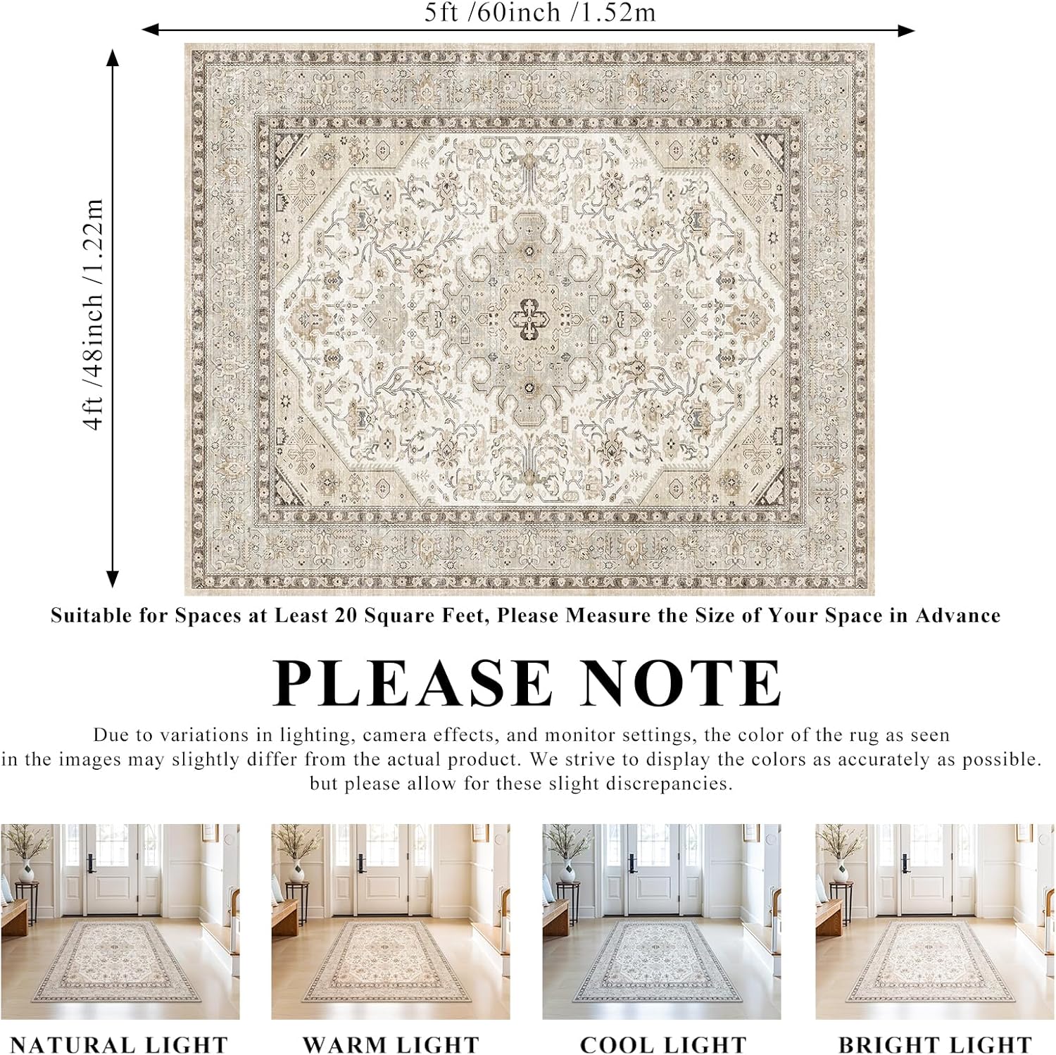 4x5 Rug Entryway Washable: Non-Slip Oriental Area Rug for Bathroom Kitchen- Farmhouse Low Pile Stain Resistant Carpet Long Thin Front Door Mat (4x5 Ivory/Grey/Multi)