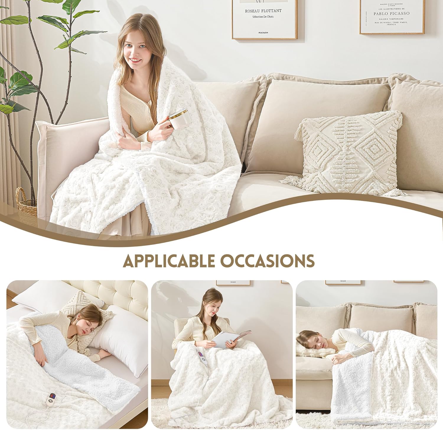 MAXEVE Heated Blanket Electric Throw 50"x60" Faux Rabbit Fur Sherpa Blankets with 6 Heating Sets & 12 Hours Auto Off, Warm Gifts for Grandma Wife, ETL Certification - Image 6