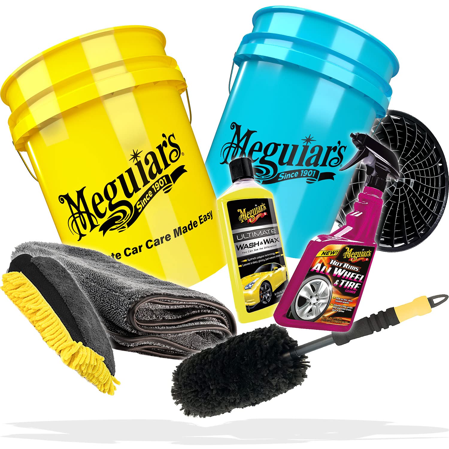 detailmate Auto Wasch Set Waschhandschuh + Microfiber Monkey Trockentuch + Meguiars: Wash & Wax Autoshampoo + Hot Rims Wheel Cleaner + Felgenbürste + 2X Wasch Eimer + Schmutzsieb + Zubehör