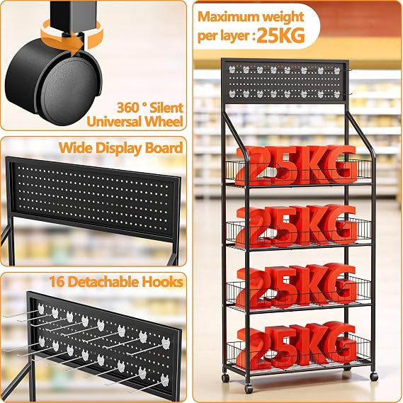 Snack Rack Display Stand, Freestanding Chip Rack Display Stand. Retail Display Shelves with 15 Hooks & 4 Wheels, Large Capacity Supermarket Shop Display Stand for Snacks Drinks Goods (4 Layer)
