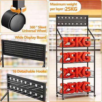 Snack Rack Display Stand, Freestanding Chip Rack Display Stand. Retail Display Shelves with 15 Hooks & 4 Wheels, Large Capacity Supermarket Shop Display Stand for Snacks Drinks Goods (4 Layer)