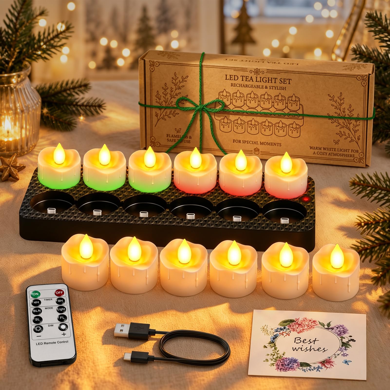 LightingWill 12er LED Teelichter Wiederaufladbar mit Ladestation, 80–150 Std. Laufzeit, Fernbedienung, 4/8H Timer, 3 Helligkeitsstufen, 4 Lichtmodi, USB-C, Flammenlose Kerzen mit Wachstropfen-Optik