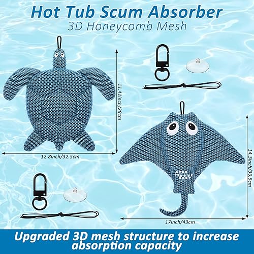 Miniatura 3 de Sibosen Paquete de 2 esponjas absorbentes de verdín para jacuzzi, actualización 2025, accesorios reutilizables de tortuga y mantarraya absorbentes