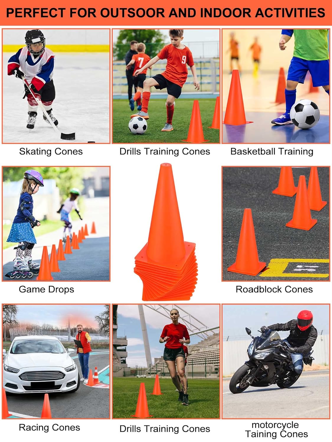 Hoteam 24 Pieces Traffic Cones, 12 Inches Cone Markers, Plastic Construction Safety Cones for Parking, Sports Training, Construction Caution, Road Traffic Cones Outdoor Activity Practice(Orange)