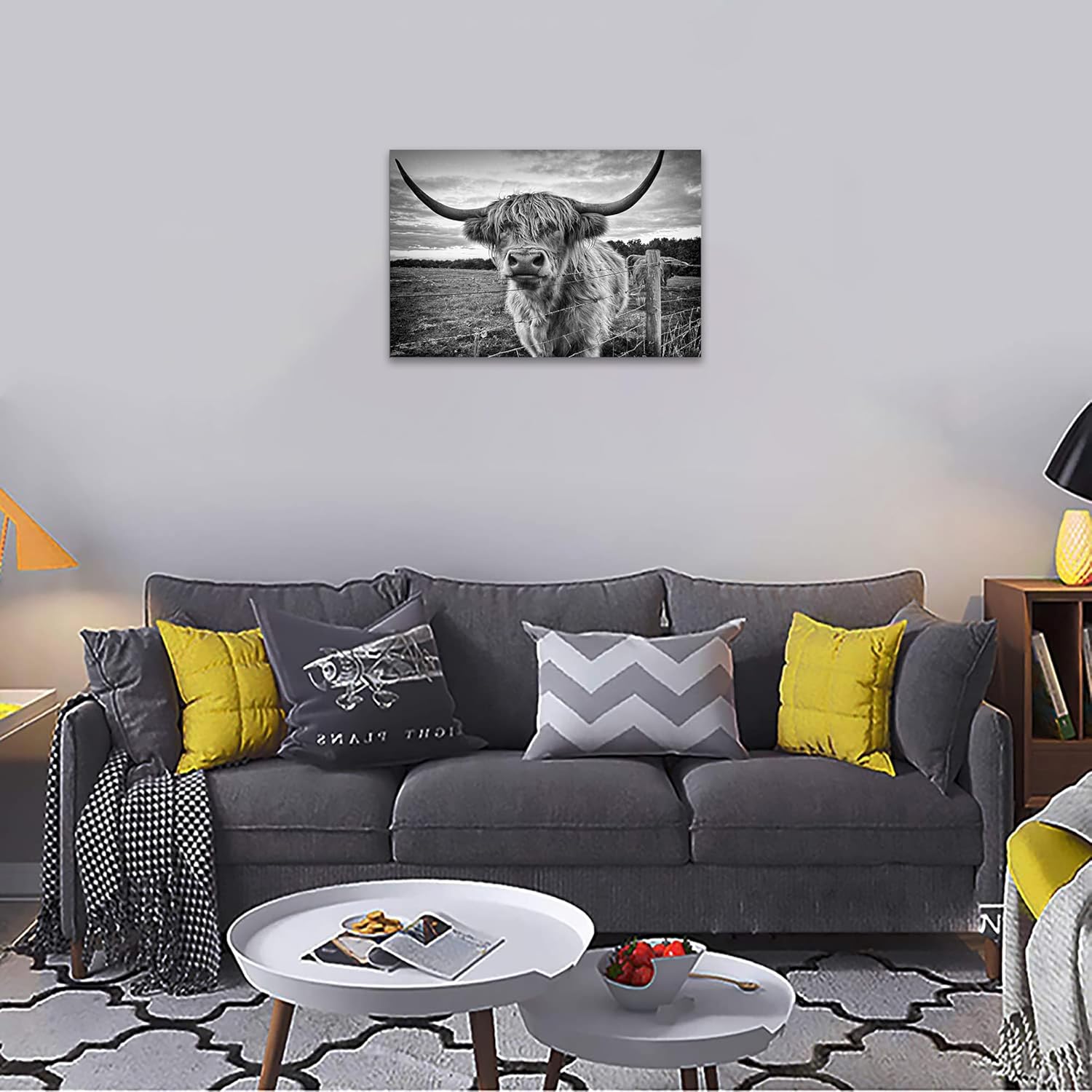 Highland Cow Canvas Wall Art Black and White Cow Photos for Wall Nature Cow Picture Framed Animal Poster Artwork for Bathroom Decor (24x36inches)