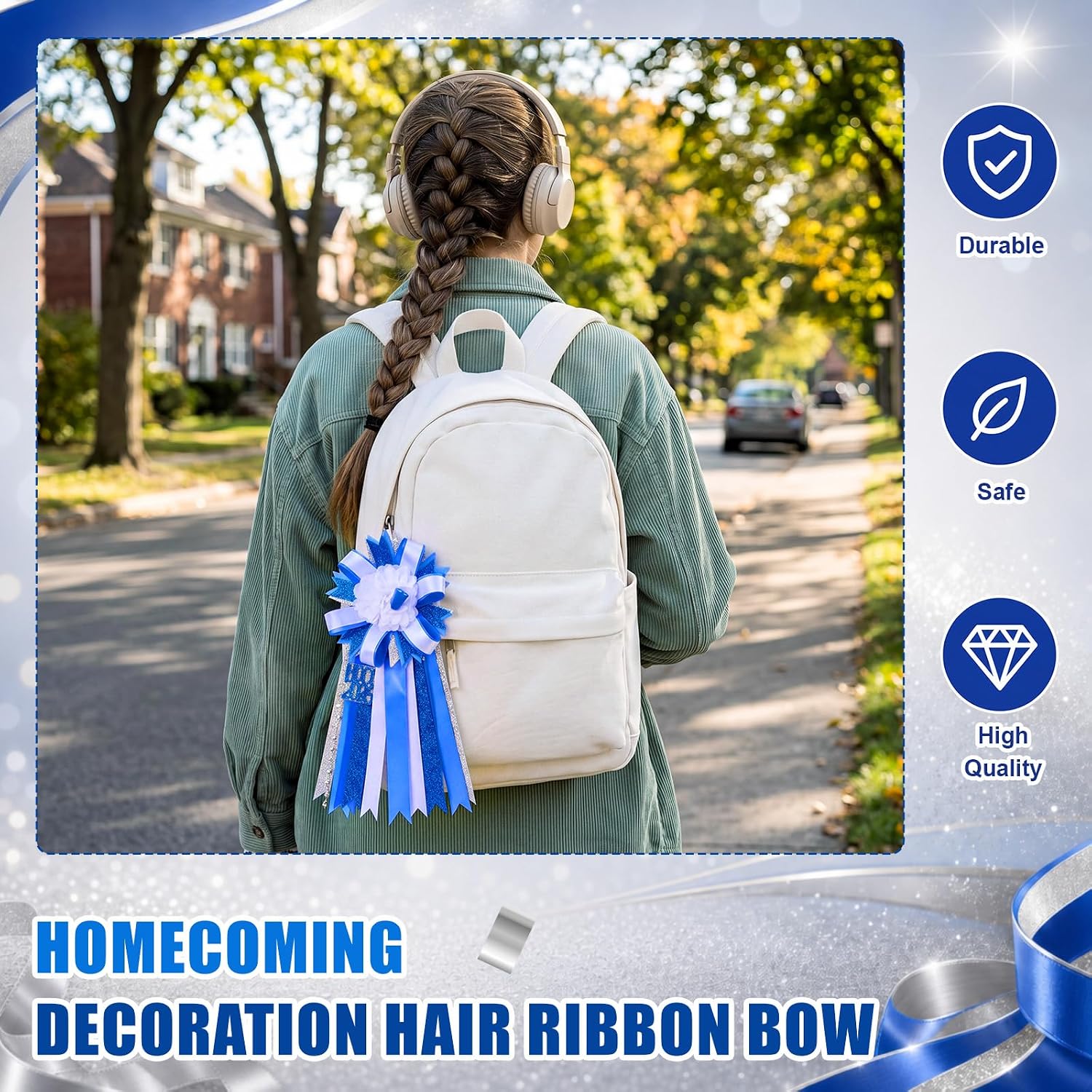 4 Pcs Homecoming Mums 2026, Blue White Silver Ribbon Decorations