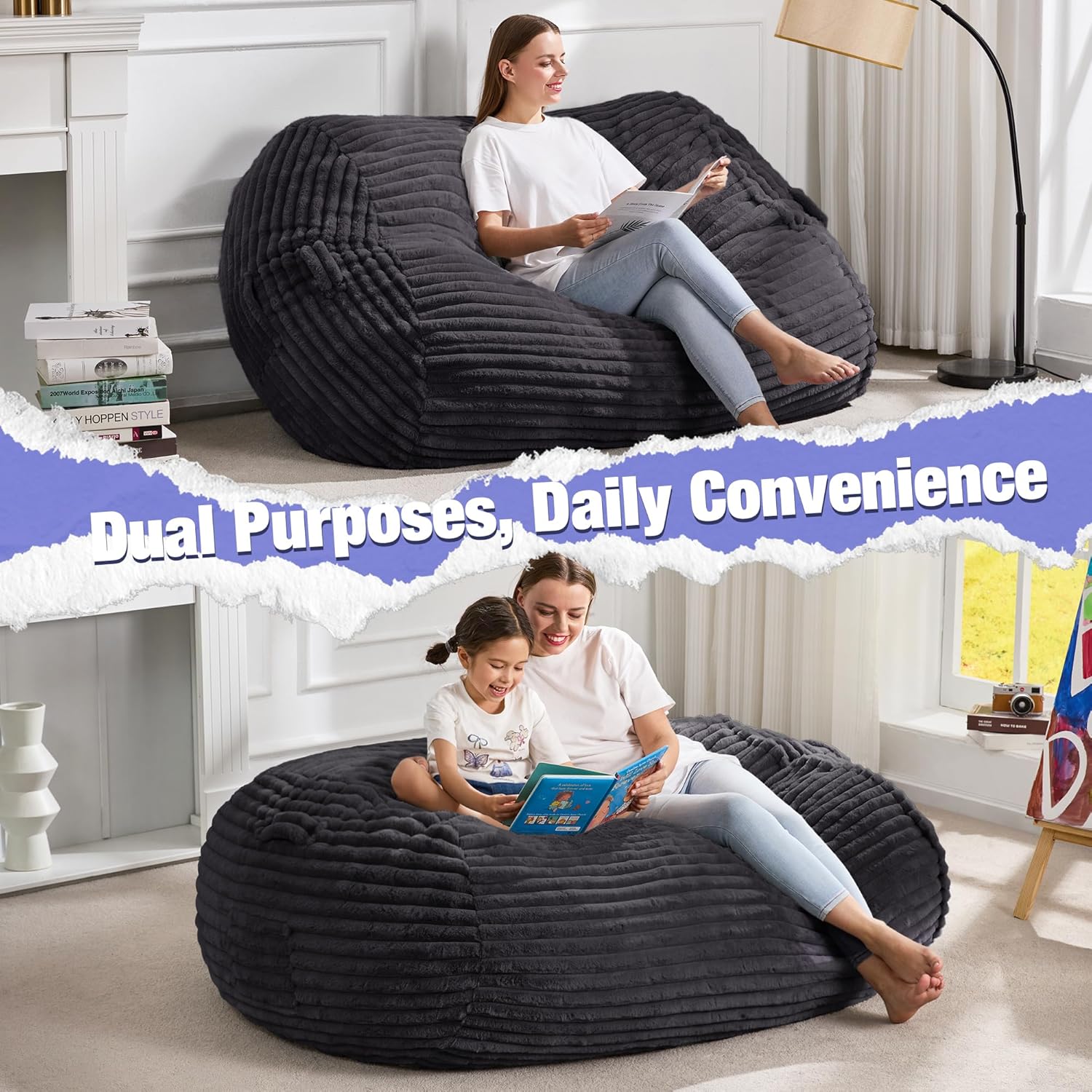 Hobestluk 4FT Bean Bag Chairs Adult Bean Bag with Portable Handle Comfy Large Bean Bag Chair with Removable Cover for Living Room Bedroom or Reading Nook (Stripe Dark Grey, 4FT) - Image 7