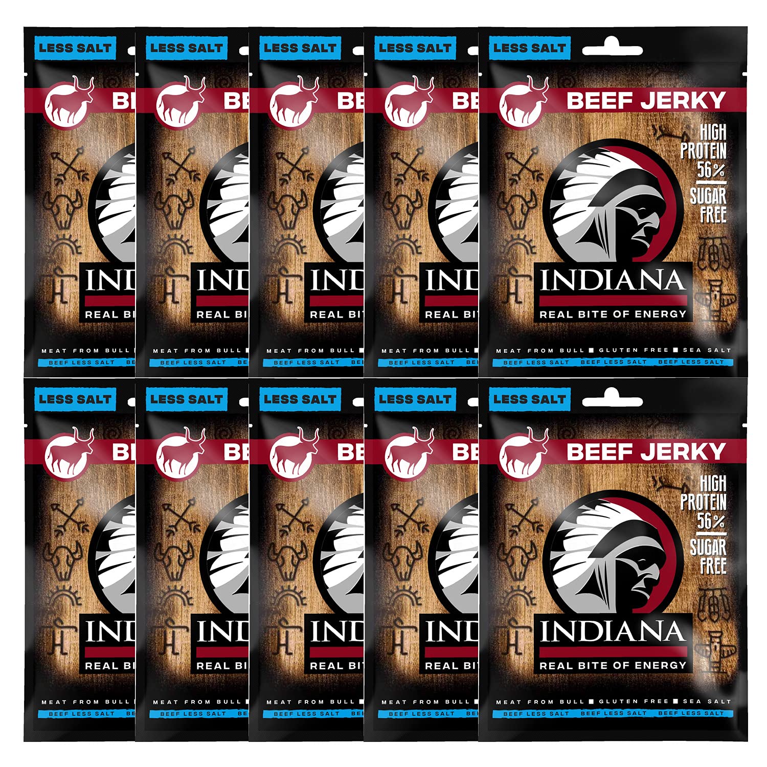 Indiana Beef Jerky Less Salt, High Protein, ohne Zuckerzusatz, Gluten-frei(10 x 25g)