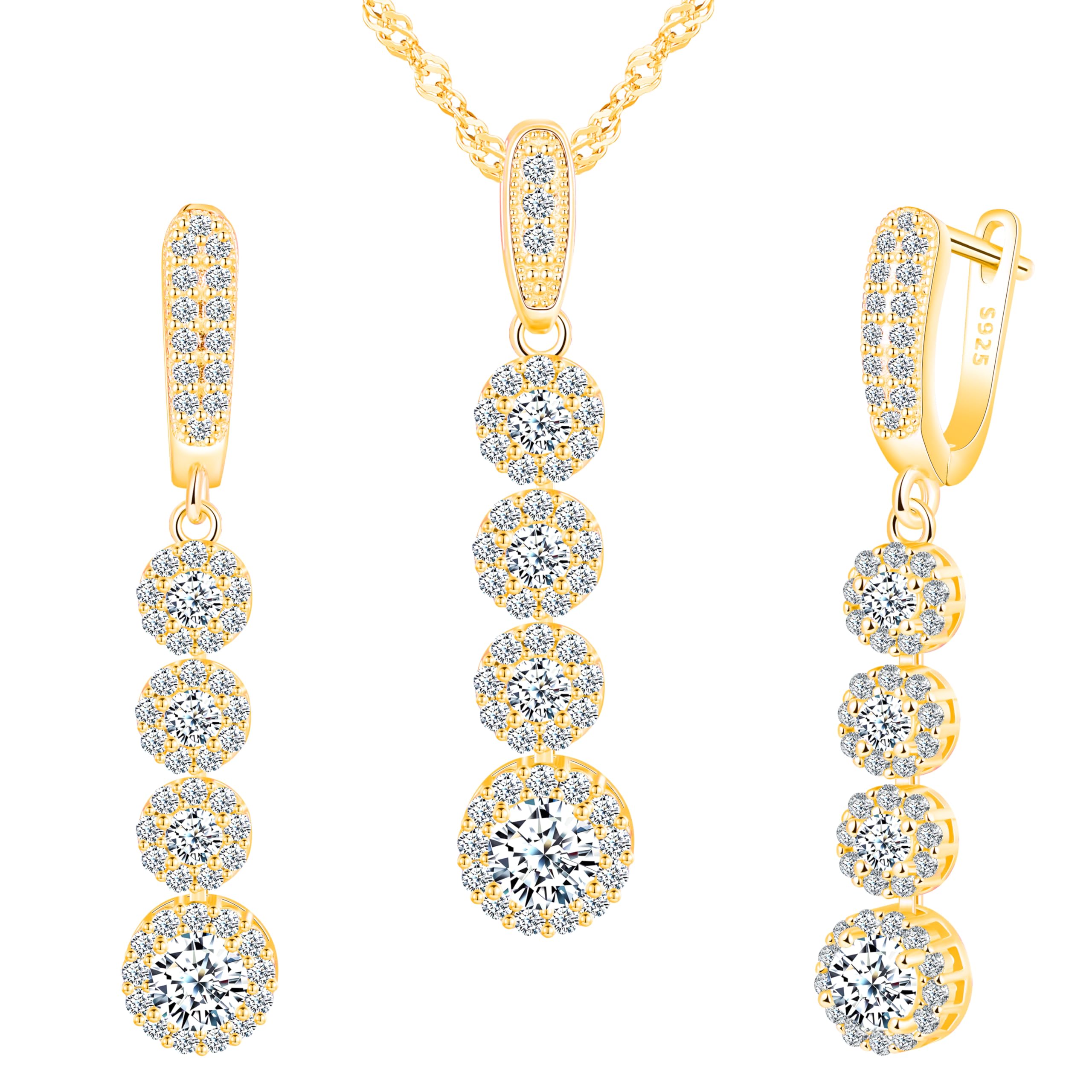 MICMIF Set di Collana e Orecchini Lunghi da Sposa, Parure Gioielli Zircone in Argento 925 per Donna, Orecchini a Goccia con Zirconi Collana con Ciondolo, Gioielli Elegante Catena 45cm