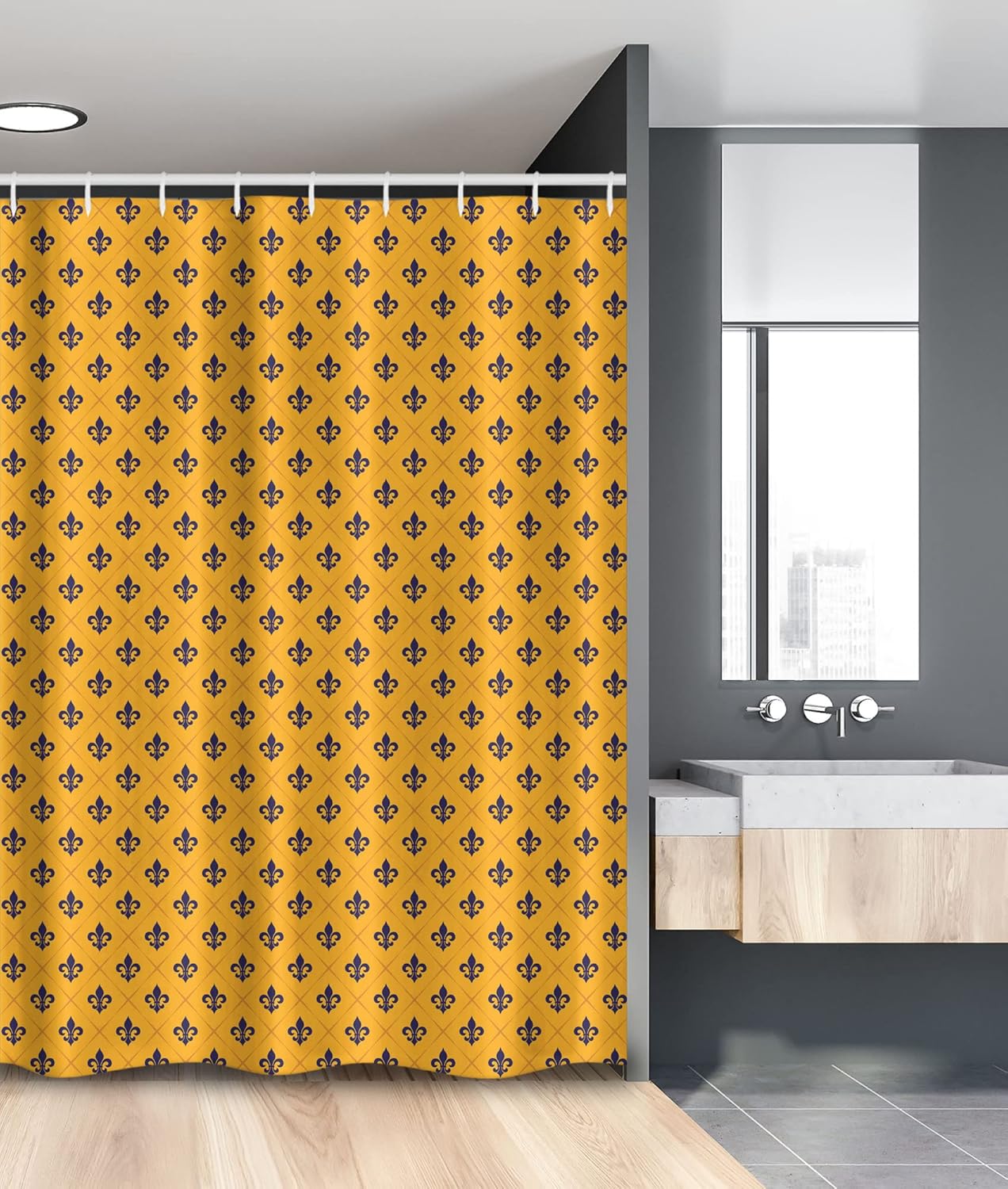 Ambesonne Fleur De Lis Stall Shower Curtain, Checkered Pattern Historical Lily Motifs Retro Emblem Floral Design, Fabric Bathroom Decor Set with Hooks, 54" W x 78" L, Marigold Purple