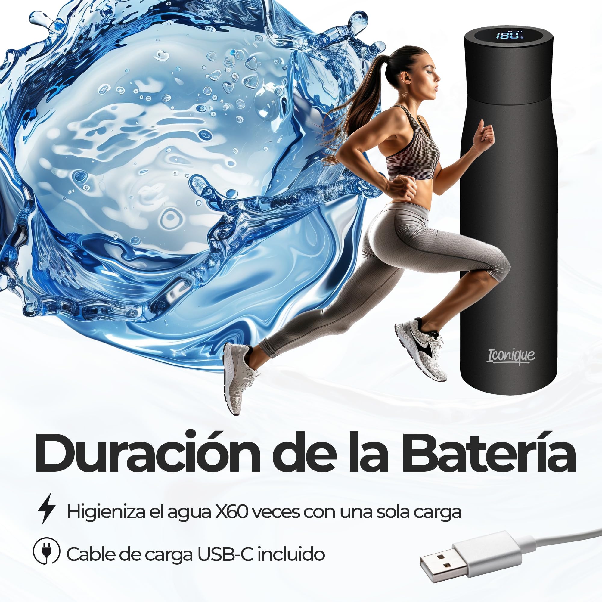 Iconique Botella De Acero Inoxidable Con Filtro UV De | 500ml | Negro | Filtro De Agua Autolimpiante, Tapa Con Indicador De Temperatura LED, Función De Recordatorio Para Beber