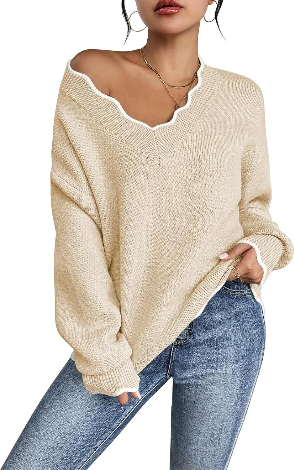 Pink Queen Women's Oversized V Neck Fuzzy Sweaters 2026 Casual Loose Long Sleeve Chunky Knit Pullover Jumper Tops