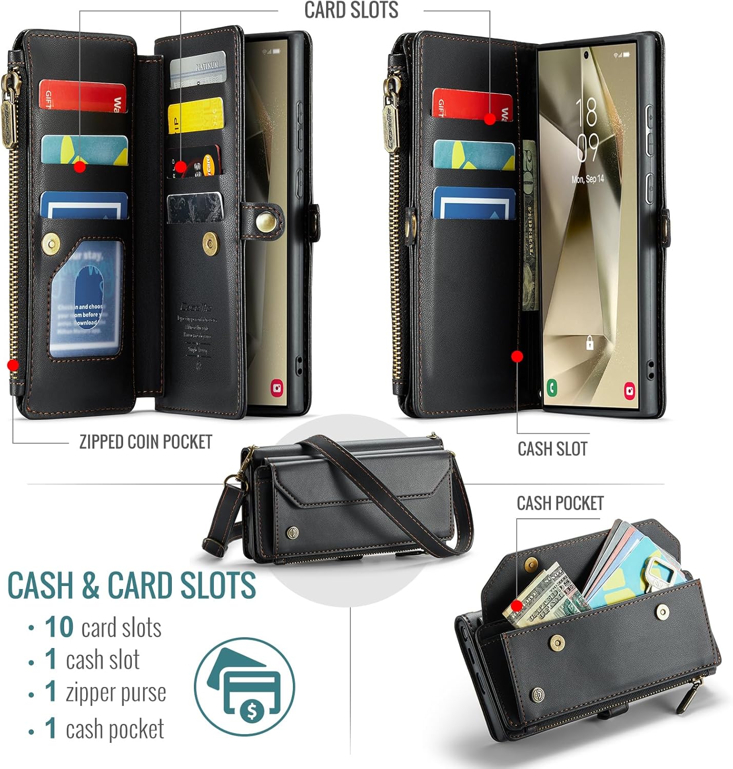 COVO for Samsung S24 Ultra Case with RFID Blocking for Samsung Galaxy S24 Ultra Wallet Case for Women Men, PU Leather Magnetic Flip Strap Zipper Card Holder Phone Case for Galaxy S24 Ultra Black