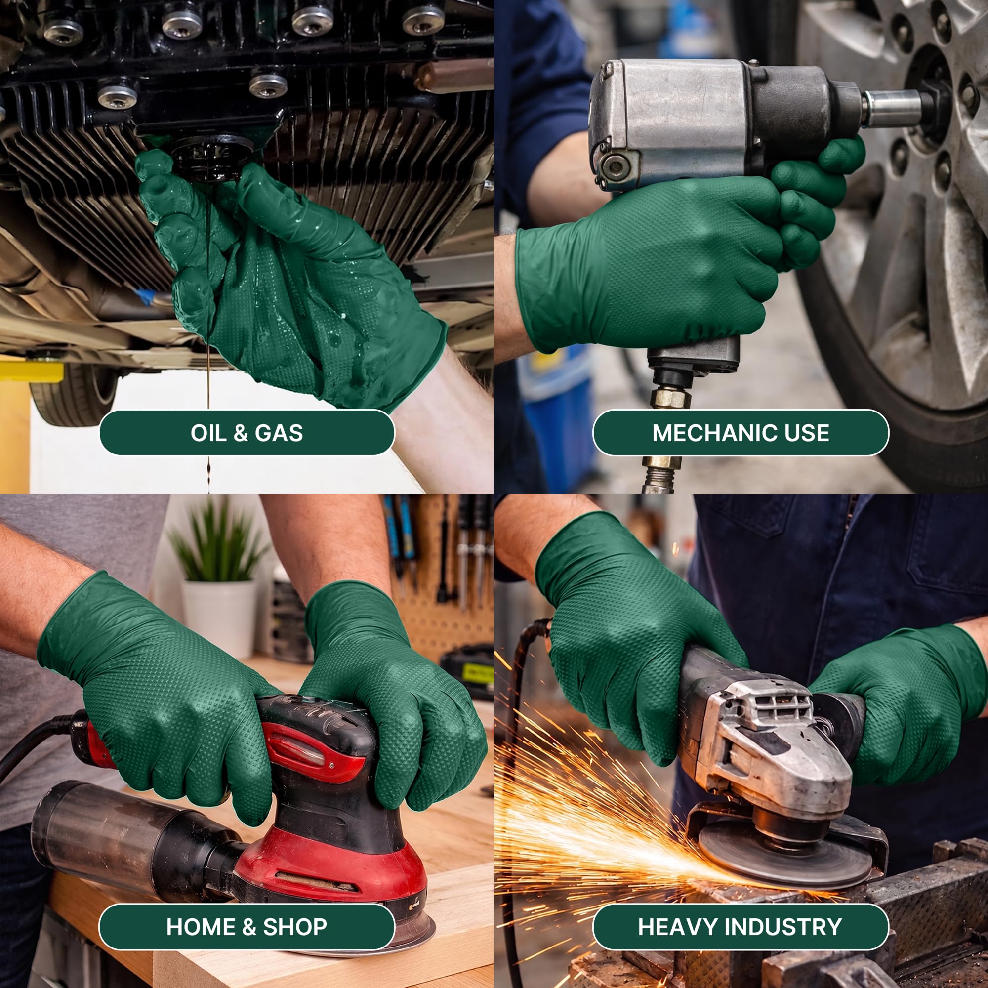 TitanFlex Strapazierfähige Nitrilhandschuhe, 6 mm, Dunkelgrün, erhöhte Diamantstruktur, Mechaniker-Einweghandschuhe, latexfrei, puderfrei, 100-karätige Box, Größe L