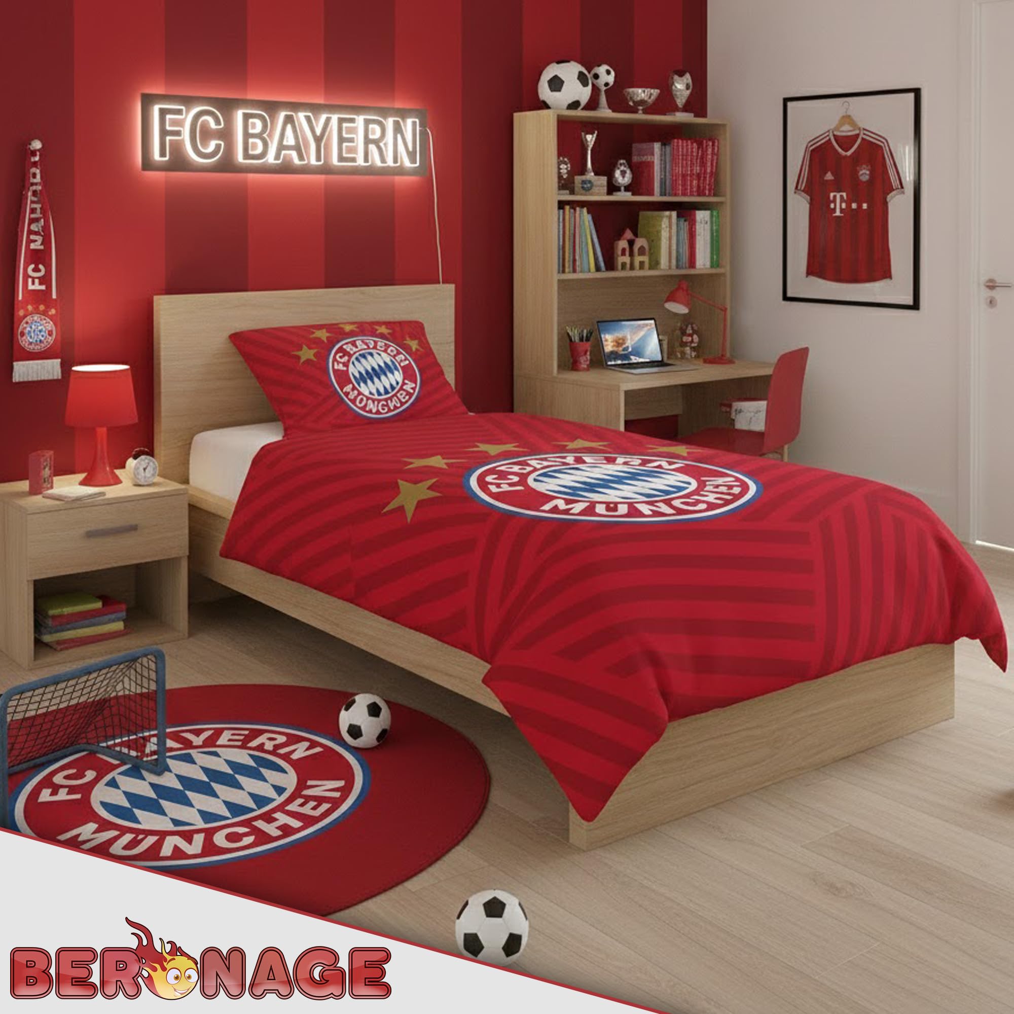 FC Bayern München Bettwäsche 5 Sterne Rot 135x200 cm + 80x80 cm 100% Baumwolle Renforcé/Linon Rekordmeister Mia san Mia Allianz Arena Fußball Fanartikel Reißverschluss Geschenkidee Kane Musiala Olise