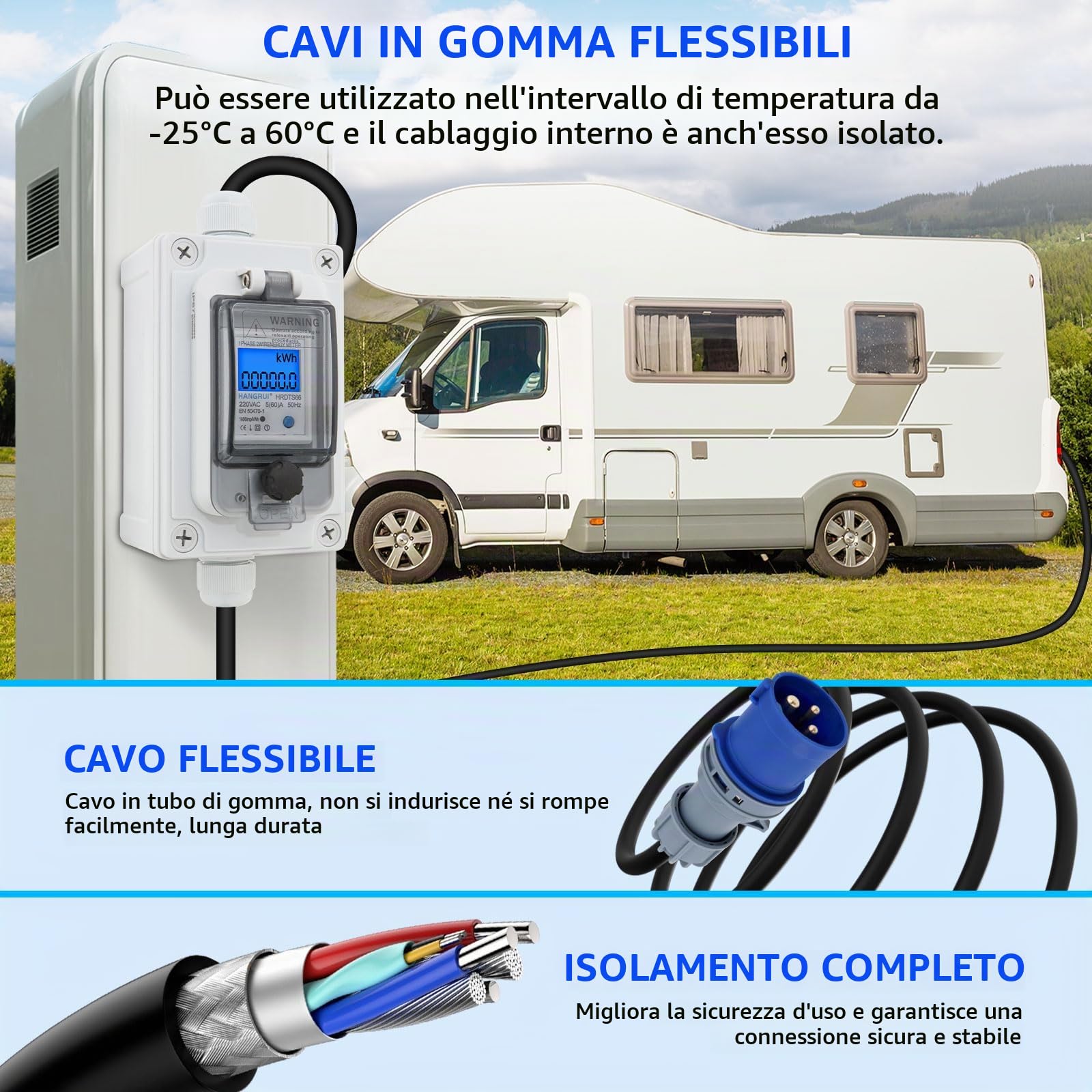 Contatore di corrente mobile 16A CEE con Display Digitale, Contatore Elettrico Digitale Mobile con spina CEE e accoppiamento, per Camping, Caravans, Veicoli Elettrici, Cantieri, Contatore Mobile