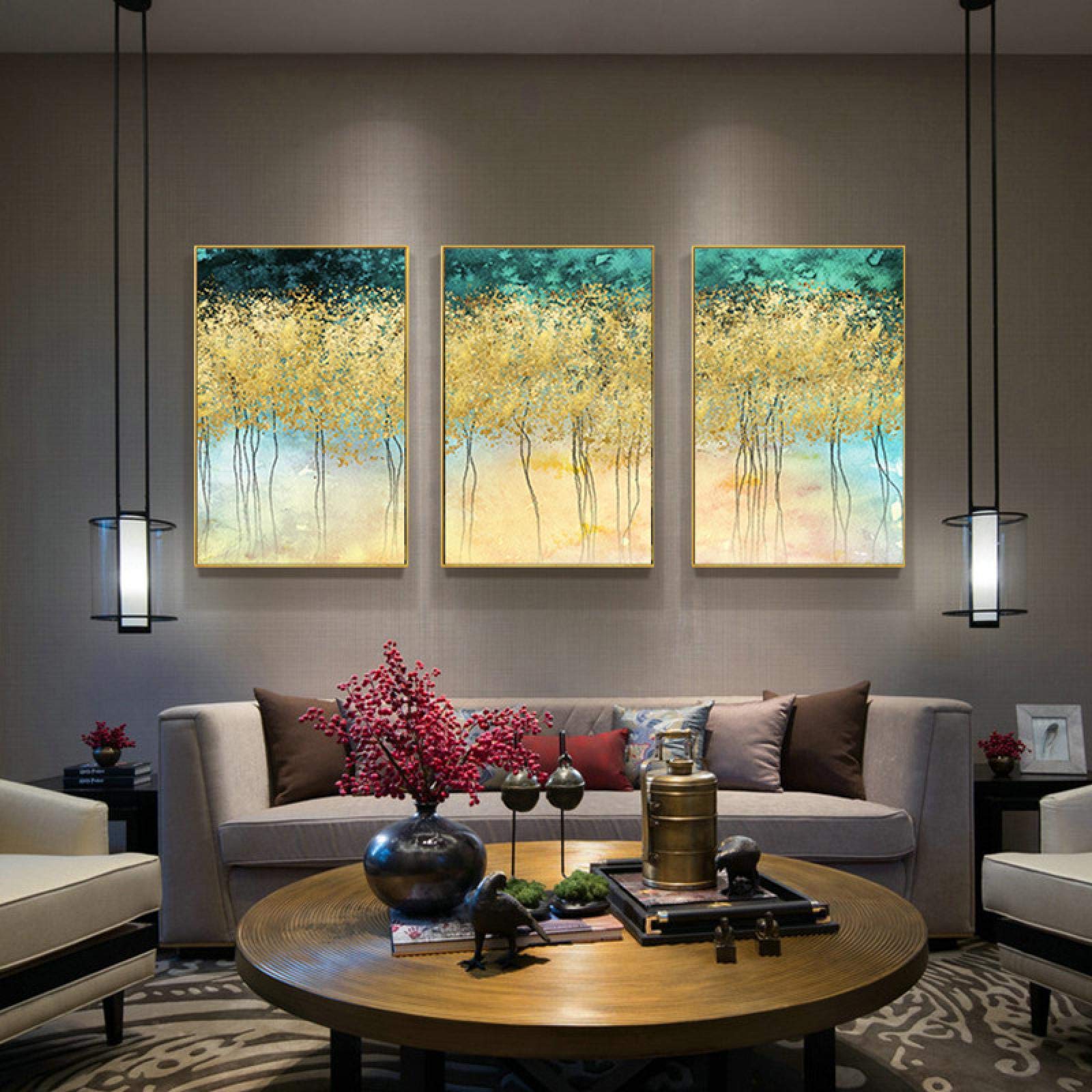 Art mural abstrait feuille d'or triptyque 50x70 cm sans cadre pour salon moderne - 7