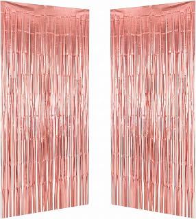 BHAVY 2 Pack Foil Fringe Curtains Party Backdrop (3 ft x 8 ft) - Metallic Tinsel Streamers Backdrop for Birthday, Wedding, Graduation, Baby Shower, & Event Decorations (Rose Gold)