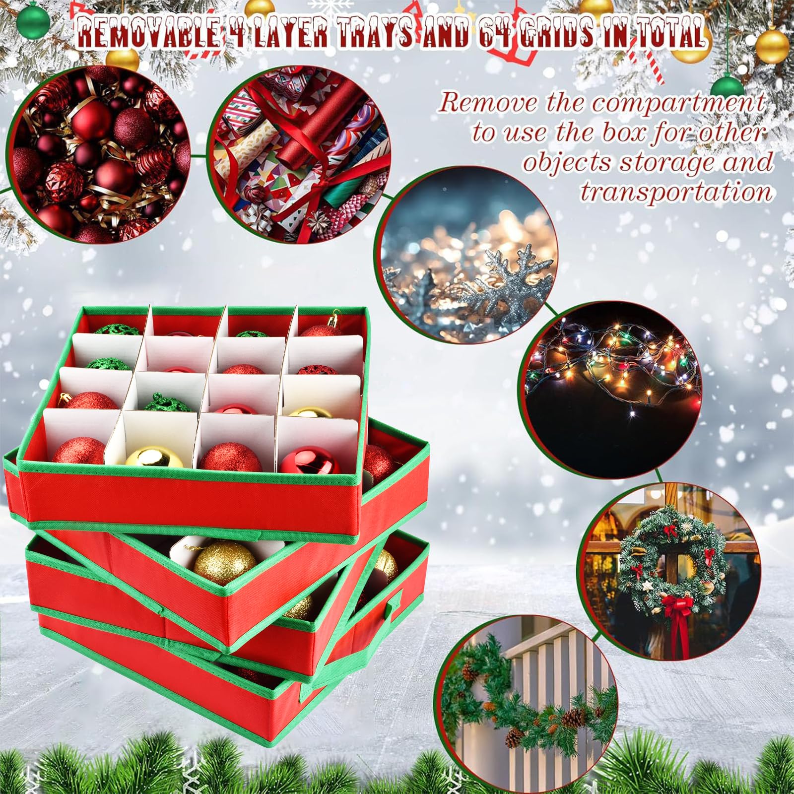 VITEVER Aufbewahrungsbox für Weihnachtskugeln mit Verstellbaren Trennwänden, Aufbewahrungstasche Weihnachten mit 4 Ebenen, Abnehmbar mit Griffen, 64 Kugel-Aufbewahrungsbeutel, 32x32,5x33cm