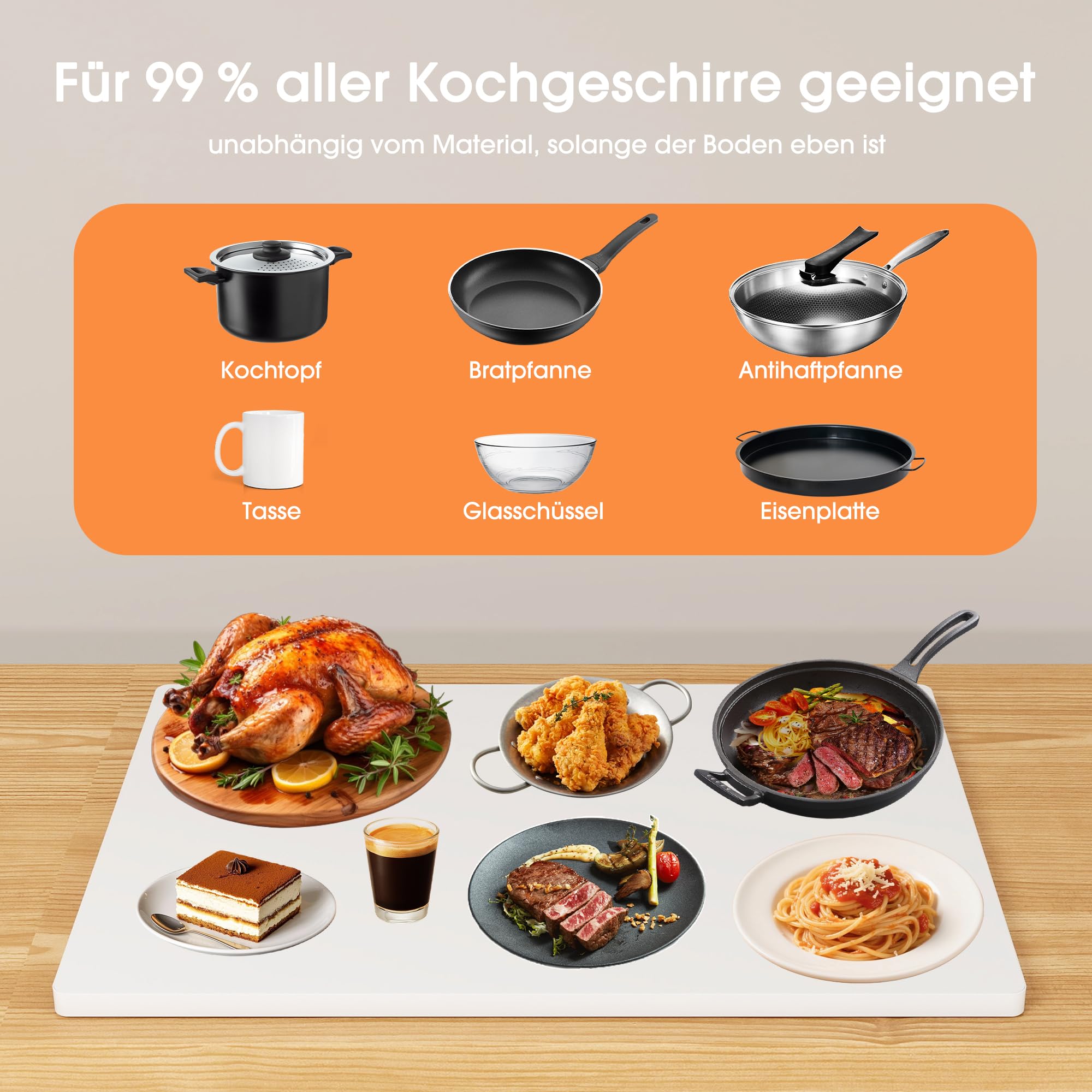 Byecold Warmhalteplatte 350 W, Wärmeplatte Elektrisch 60×40 cm, Graphen Speisewärmer, Touch Tasten, 9 stufige Temperatur, 6 Std. Timer, Essen warmhalten mit Kabel, Keramik buffetwärmer, Weiß