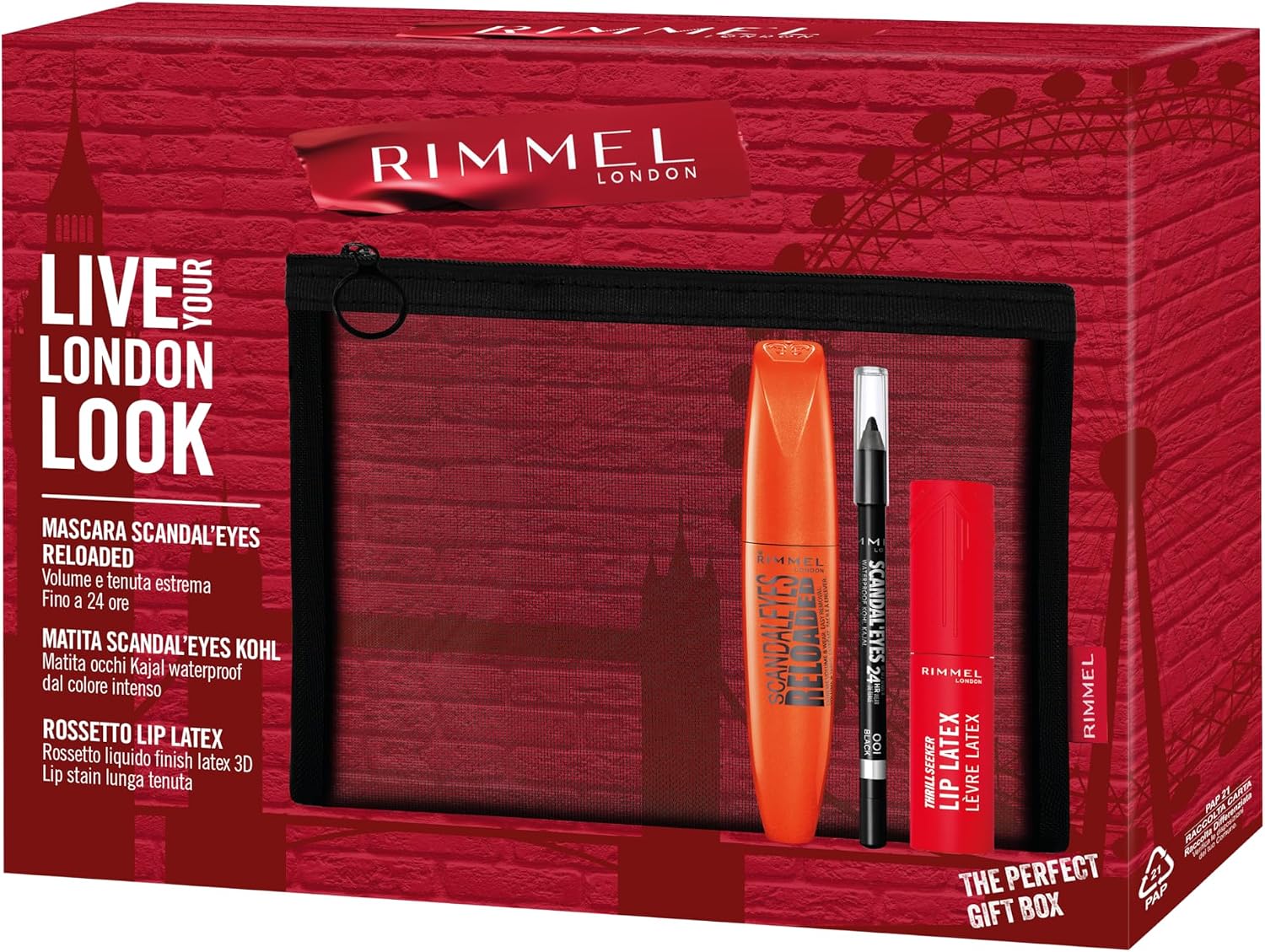 Rimmel London Cofanetto Regalo Live Your London Look, Pochette con Mascara ScandalEyes Reloaded, Matita Occhi ScandalEyes Kohl Black Waterproof e Rossetto Liquido Thrill Seeker Lip Latex, Idea Regalo