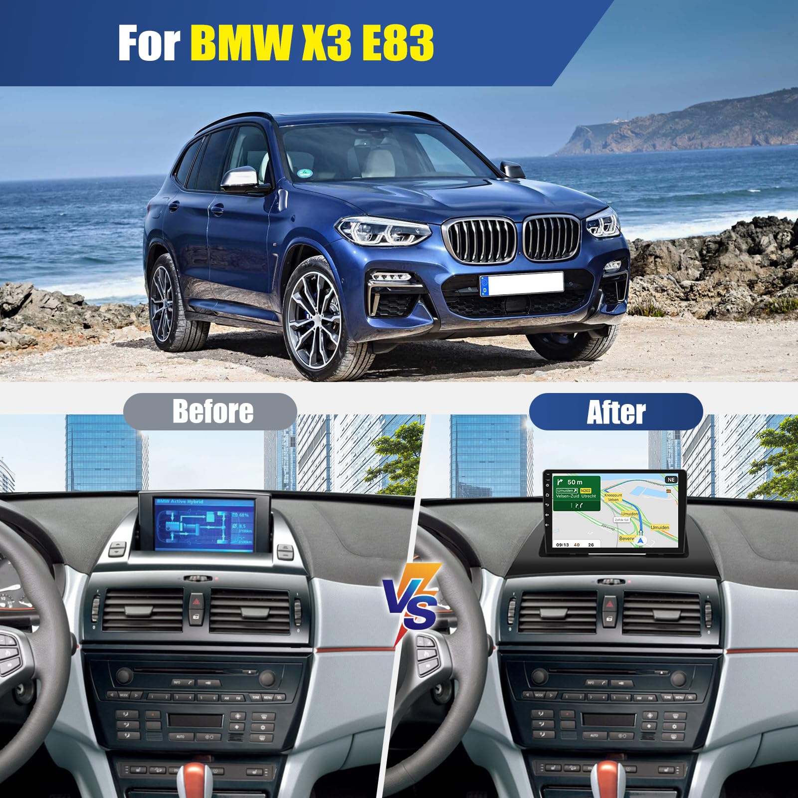CAMECHO Radio samochodowe 4 + 128 G 9 cali z systemem Android 13 do BMW E90 E92 E93 2005-2012 z kamerą cofania, nawigacją radiową Bluetooth z bezprzewodowym Carplay, Android Auto GPS, WiFi FM/RDS