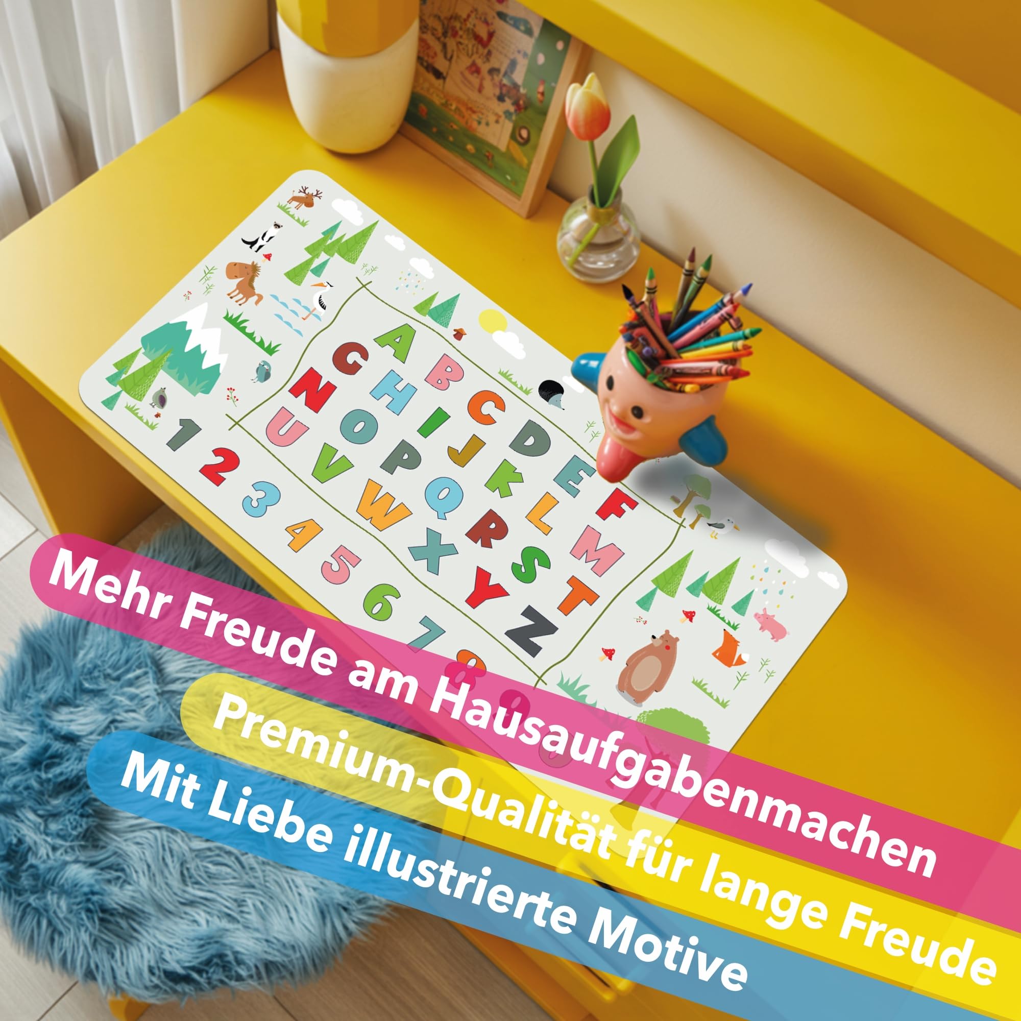 Lineo® Alfombrilla de escritorio para niños – Protector de mesa resistente al agua y antideslizante, superficie educativa para escribir, dibujar y estudiar (Abecedario de animales 70x40 cm)