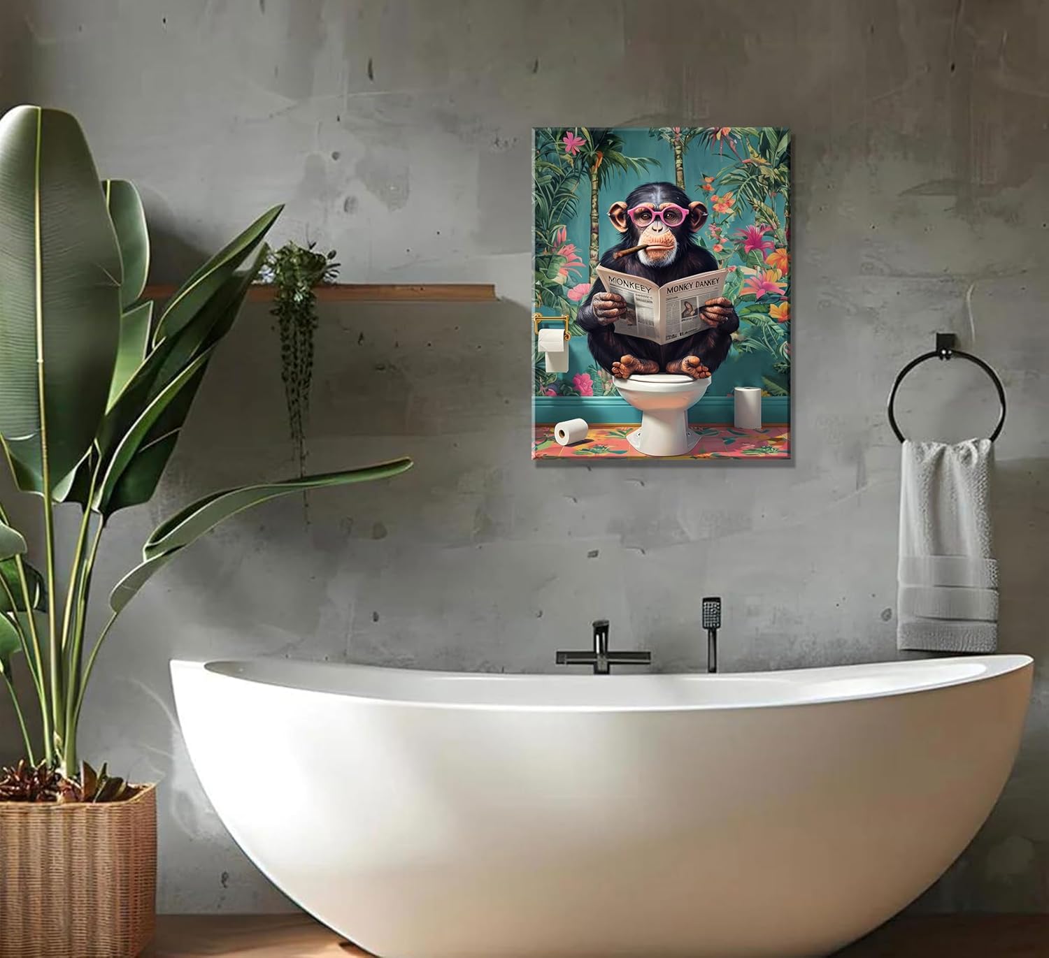 Funny Monkey Bathroom Canvas Wall Art Monkey Sitting On The Toilet Reading Newspaper Poster Print Humorous Animals Picture Tropical Rainforest Painting Artwork Wall Decor for Bathtoom 16x24in Framed