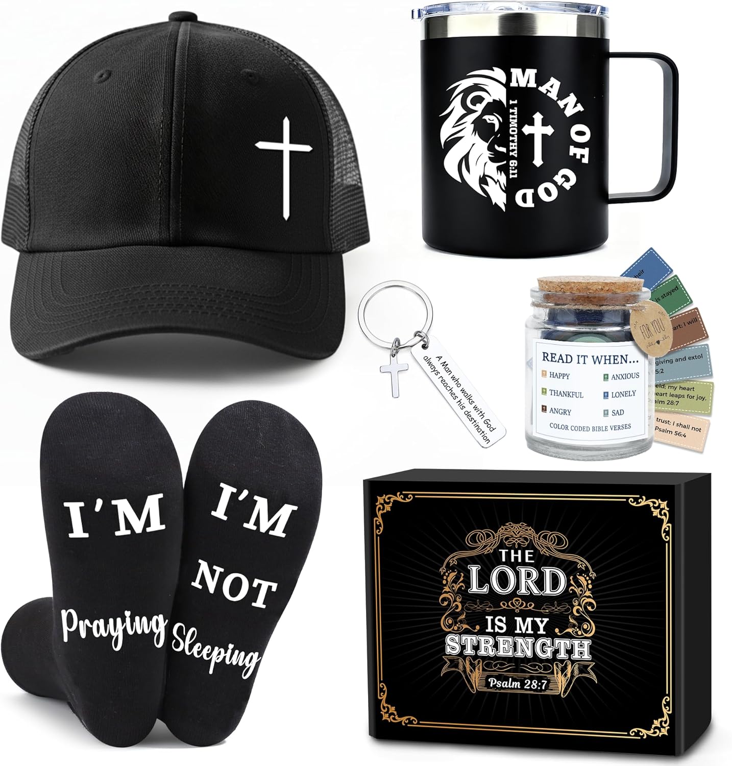 Christian Gifts for Men Faith Based Spiritual Stuff Religious Basket Catholic Present Baptism Gifts Pastor Appreciation Gift Set Christian Accessories for Men with Bible Verse Keychain Mug Socks
