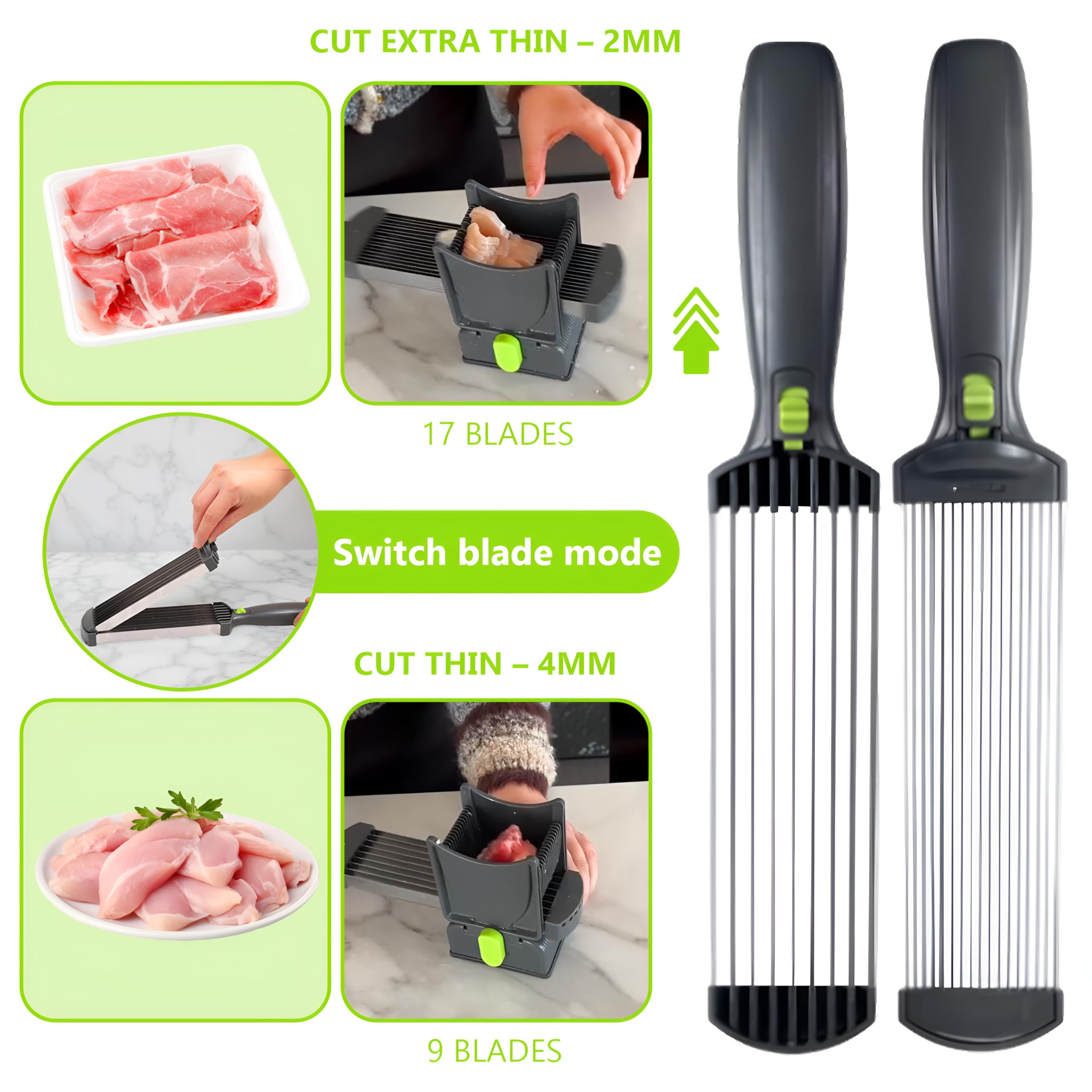 ZERRYL Fresh Meat Slicer, Meat Slicer Manual with 17 Stainless Steel Blades, Adjustable Thickness 2mm or 4mm, Cleaver Knife Set for Slicing, Dicing, Ideal for BBQ, Jerky, Meal Prep (Gray)