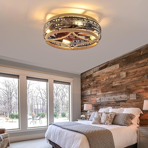 Miniatura 7 de Ventiladores de techo de jaula de nailon bohemio de perfil bajo de 18 pulgadas con luces y control remoto, ventilador de techo de montaje empotrado