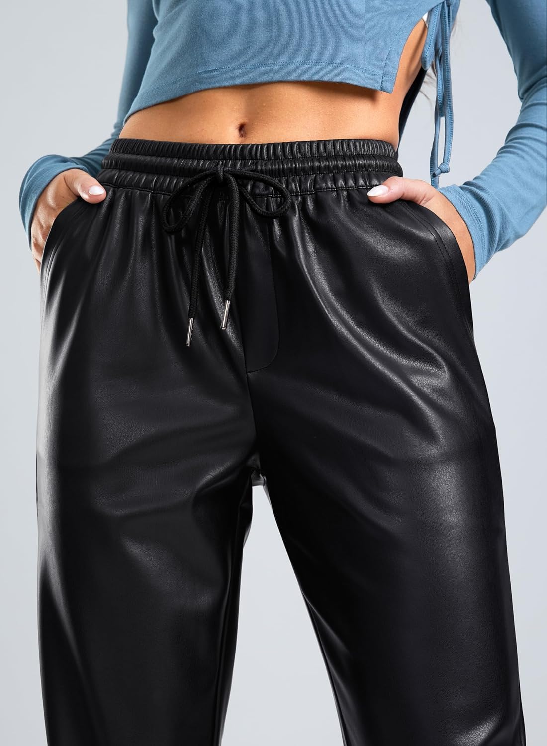 SANTINY Women's Faux Leather Pants High Waisted Straight Leg Cropped Ankle Trousers Vegan Matte Pleather Pants for Women - Image 5